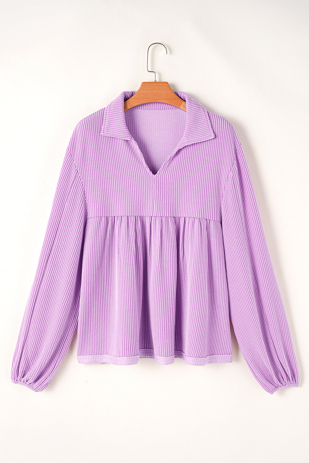 Corded V Neck Bubble Sleeve Babydoll Blouse