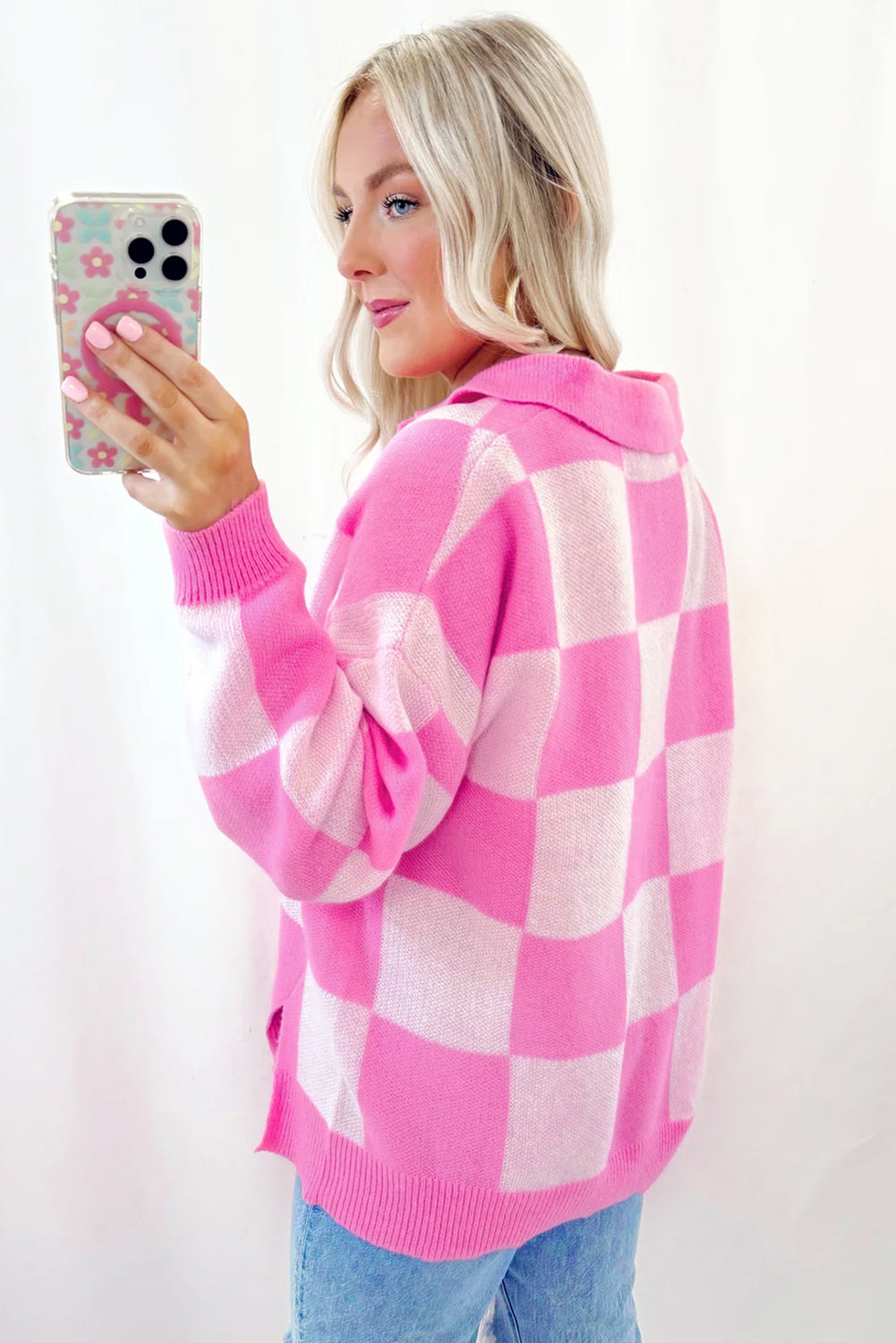 Pink Checkered Half Button Sweater