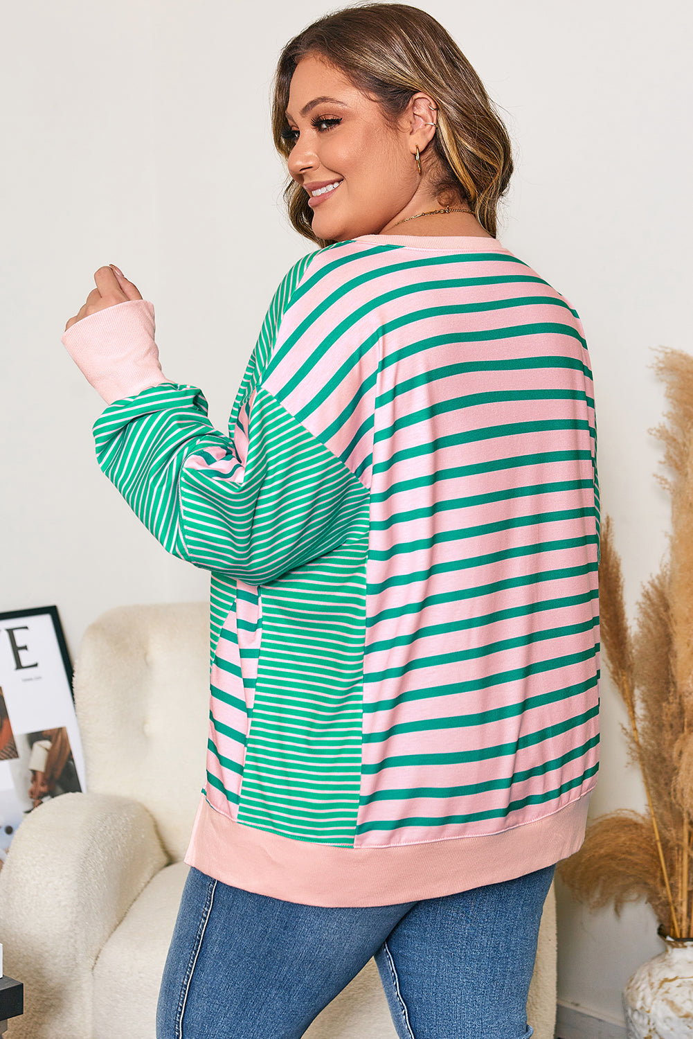 Green Stripe Colorblock Plus Size Sweatshirt