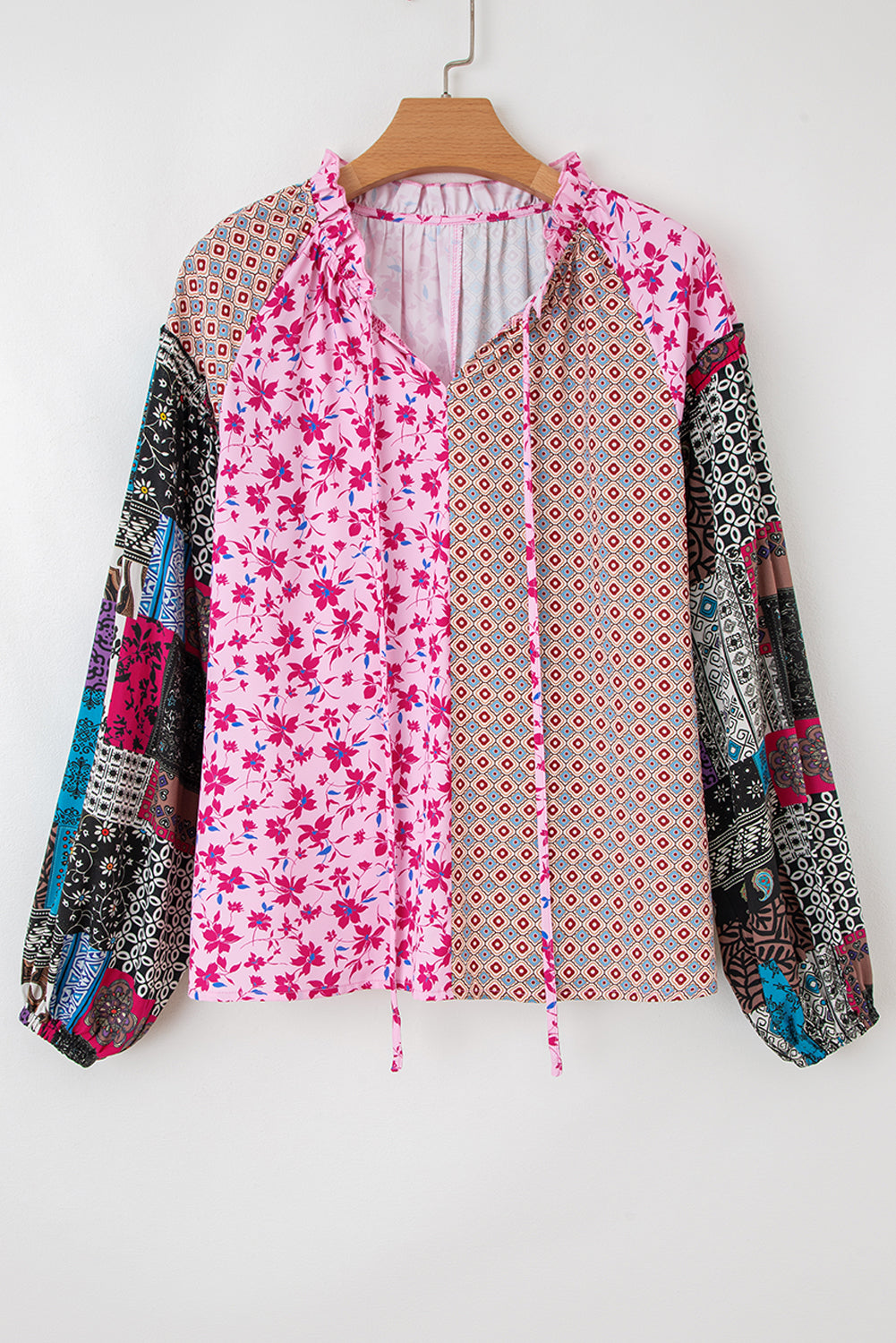 Pink Boho Mixed Floral Drop Shoulder Bubble Sleeve Blouse
