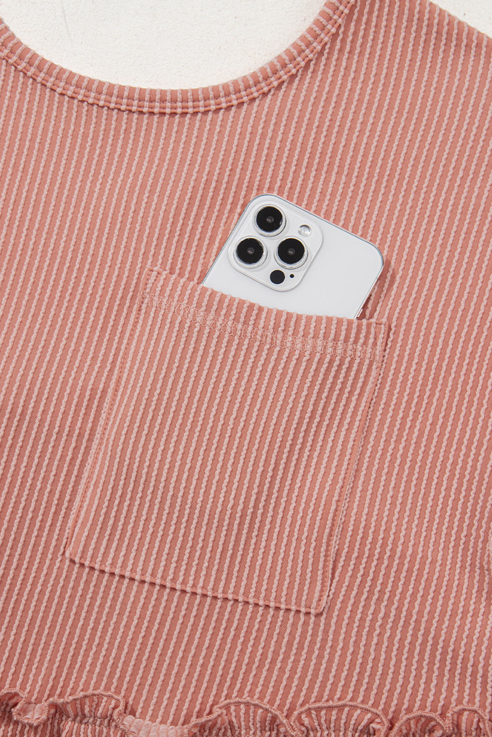 Dusty Pink Corded Knit Textured Patched Pocket Frilled Swing Mini Dress with Pockets