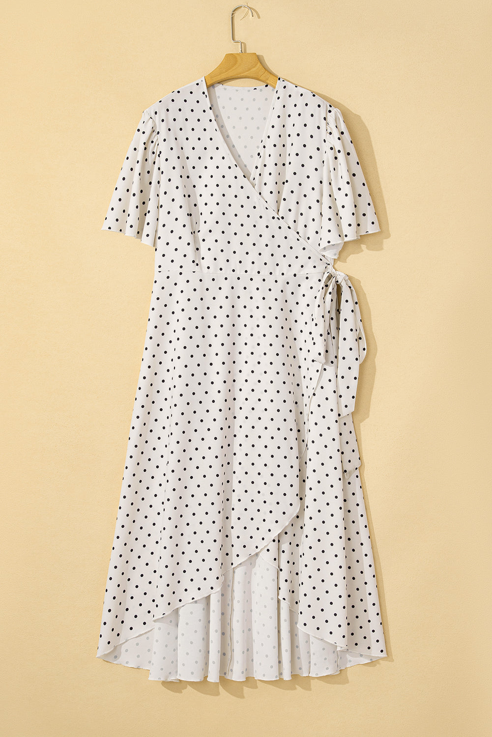 Khaki Polka Dot Surplice V Neck Tied Waist Flutter Sleeve Flowy Plus Size Midi Dress
