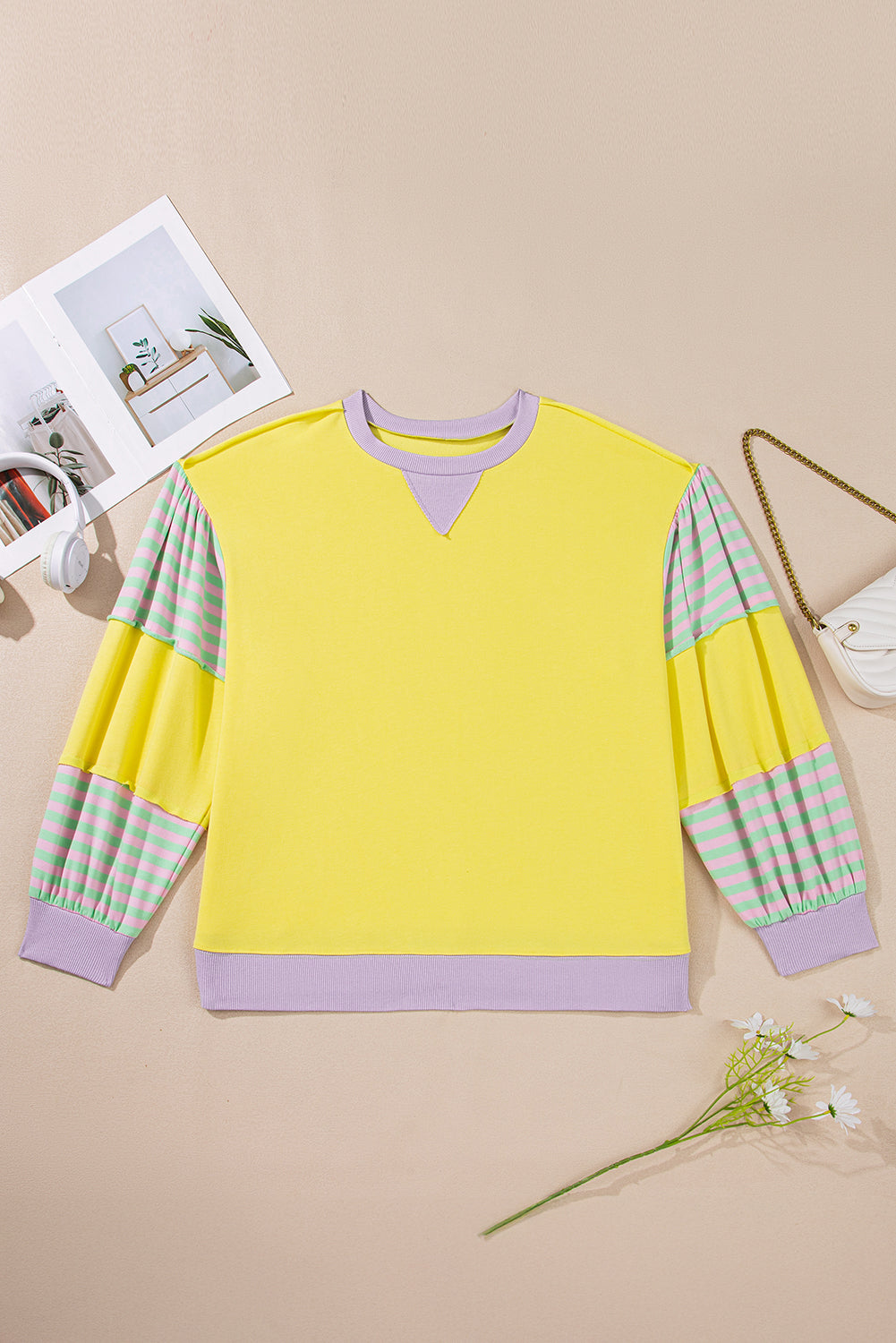 Yellow Striped Colorblock Plus Size Pullover Sweatshirt