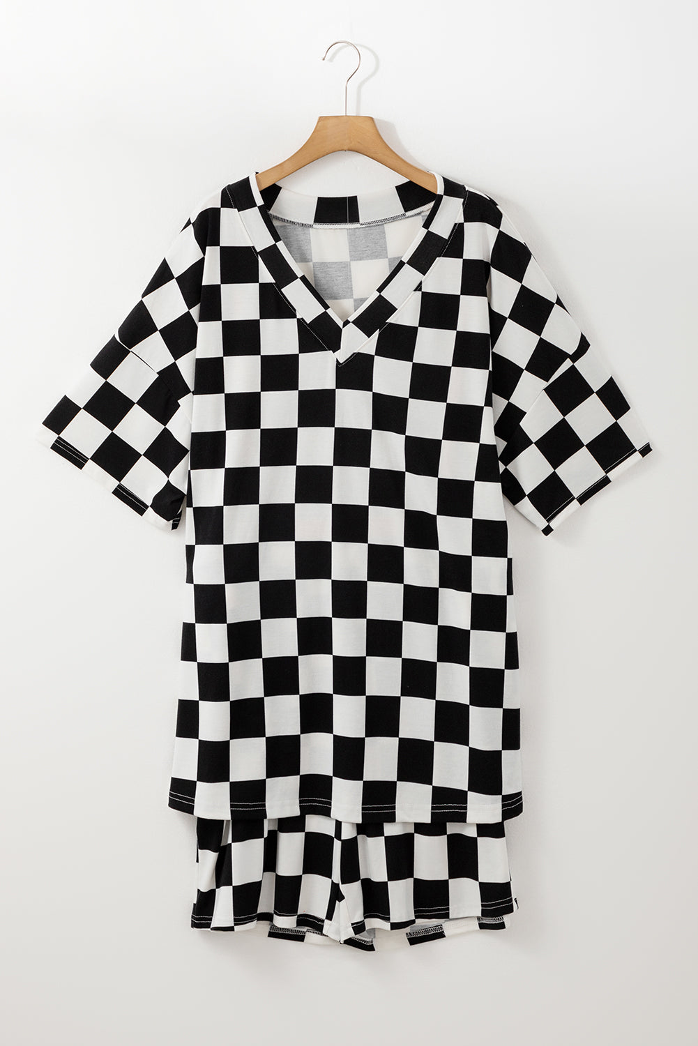 Black Checkered Pattern Tee and Shorts PLUS Size Two Piece Set
