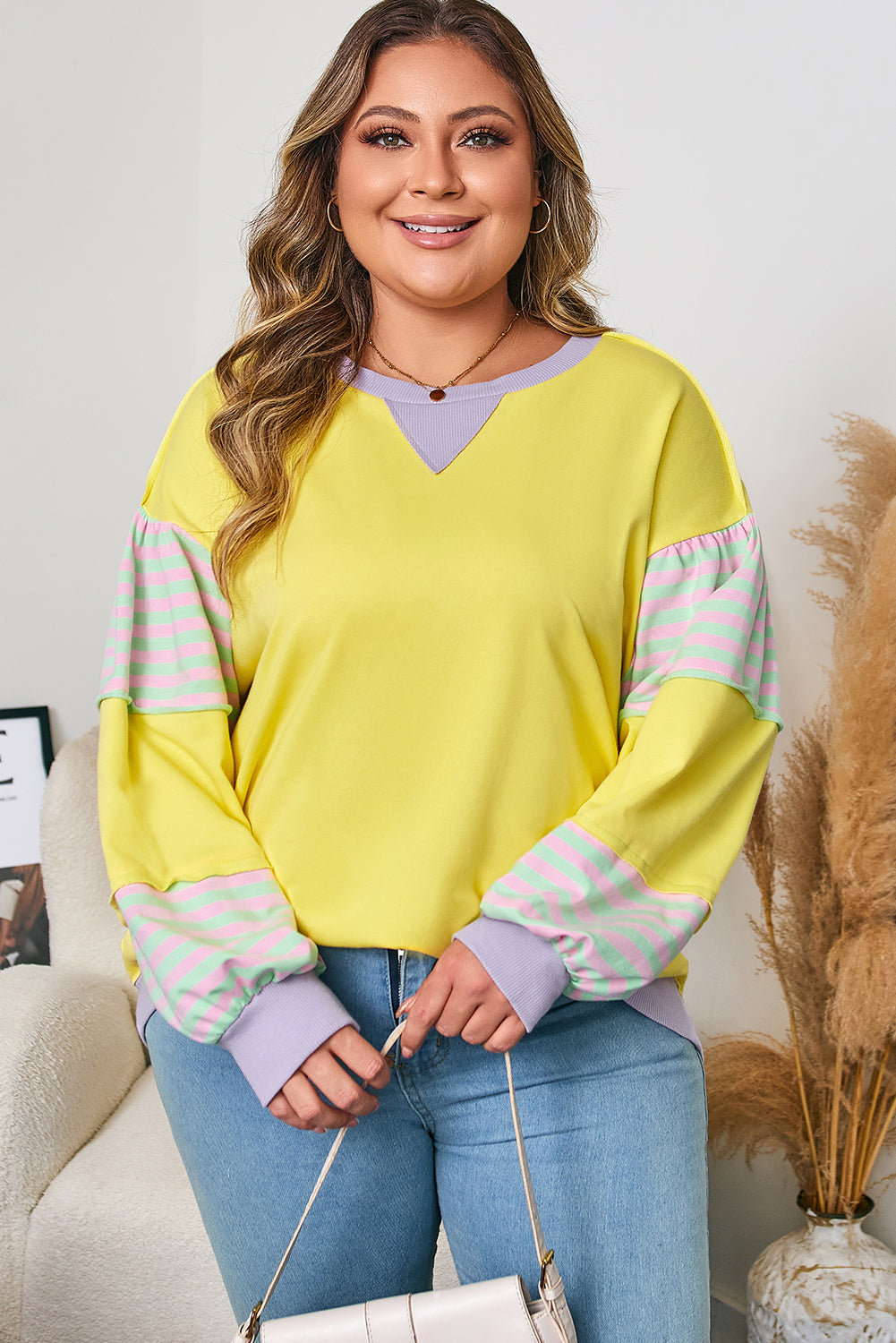 Yellow Striped Colorblock Plus Size Pullover Sweatshirt
