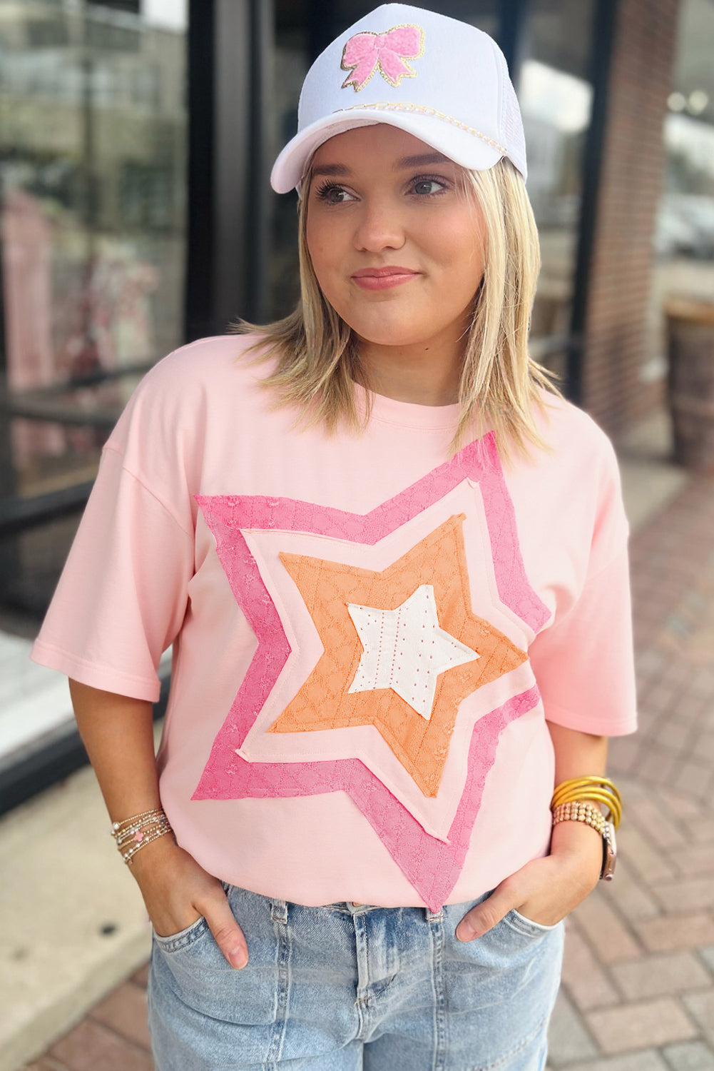 Light Pink Eyelet Lace Star Applique Plus Size T Shirt