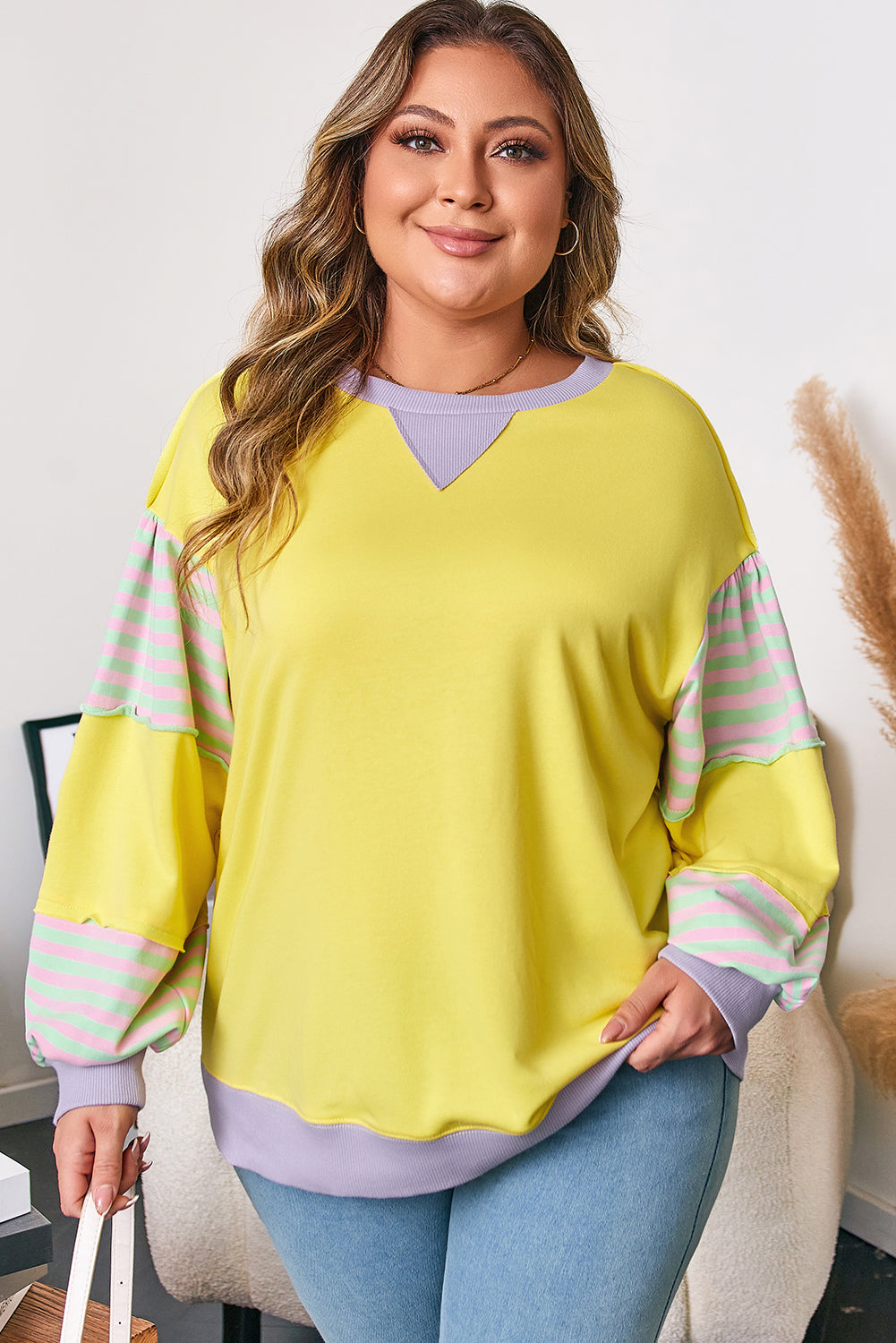 Yellow Striped Colorblock Plus Size Pullover Sweatshirt