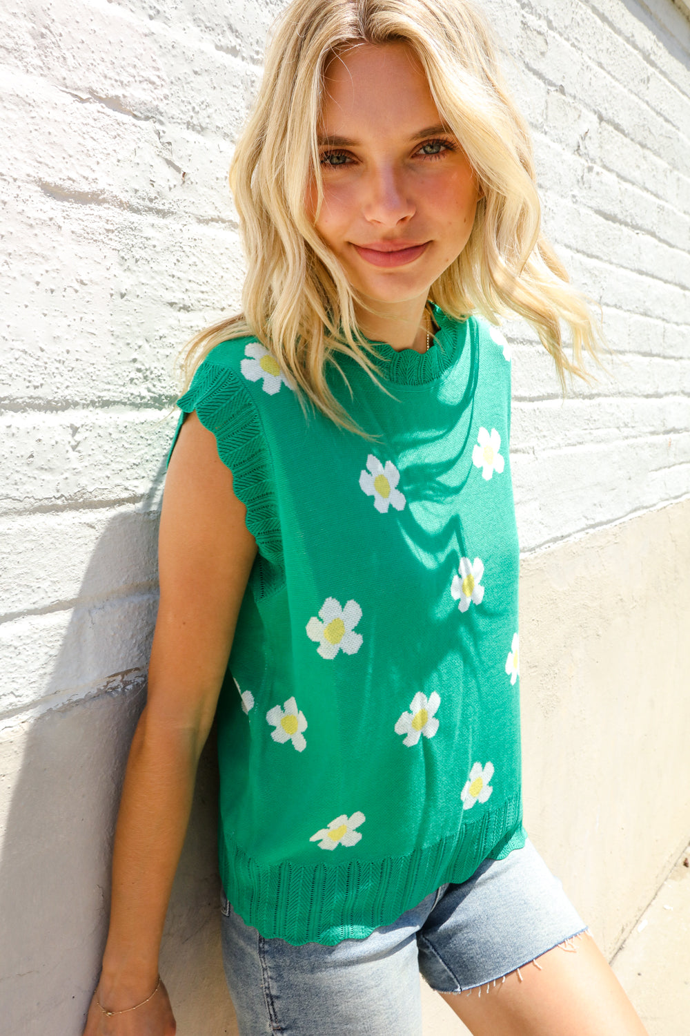 Flower Power Green Jacquard Knit Crochet Hem Sleeveless Top