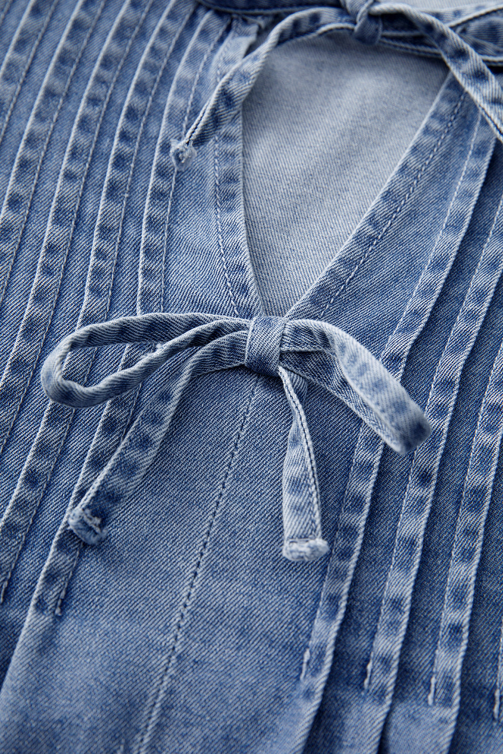 Denim Front Pintuck Bow Tie Puff Sleeve Top