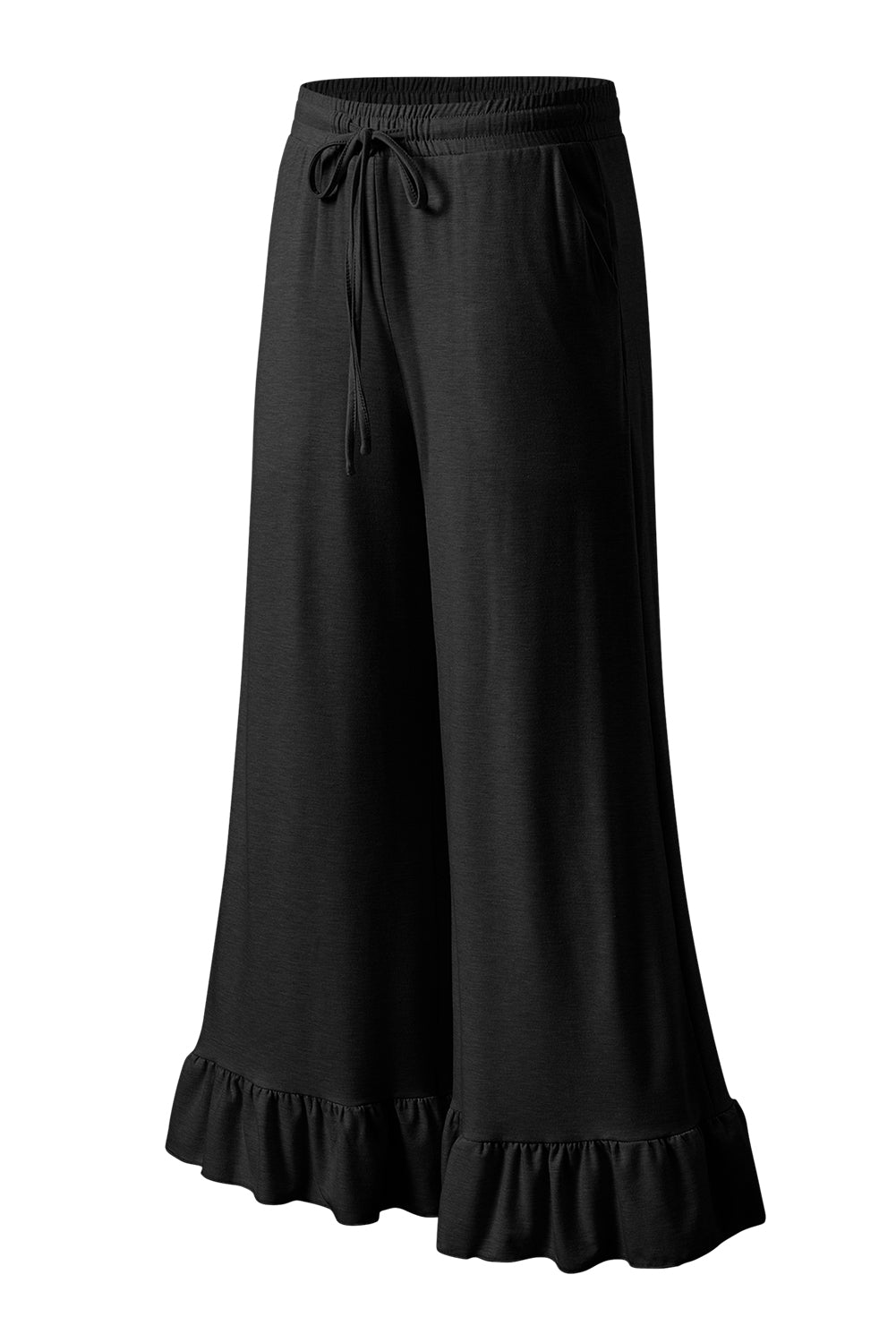 Black Ruffled Wide Leg Pull On High Waist Pants with Pockets