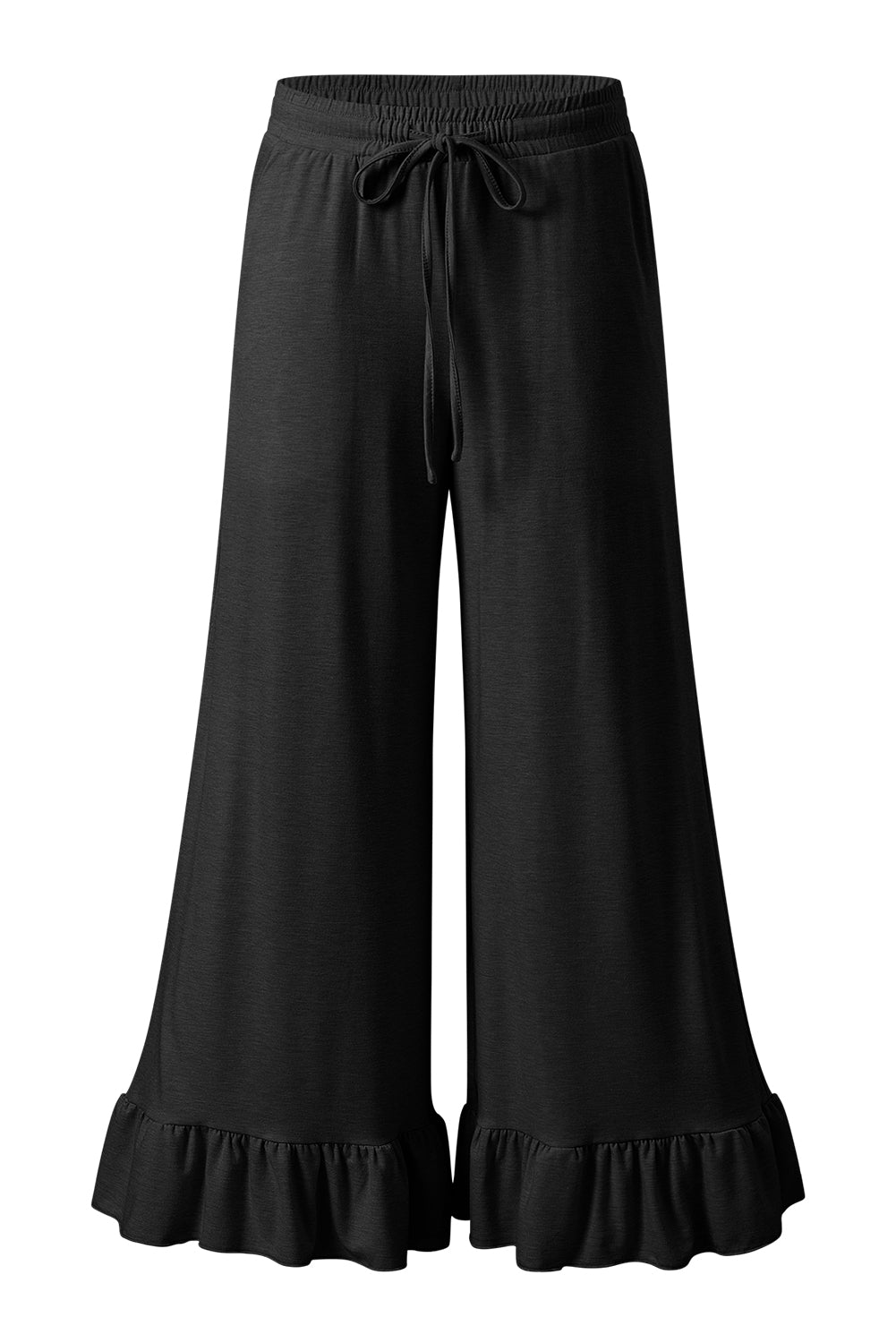 Black Ruffled Wide Leg Pull On High Waist Pants with Pockets