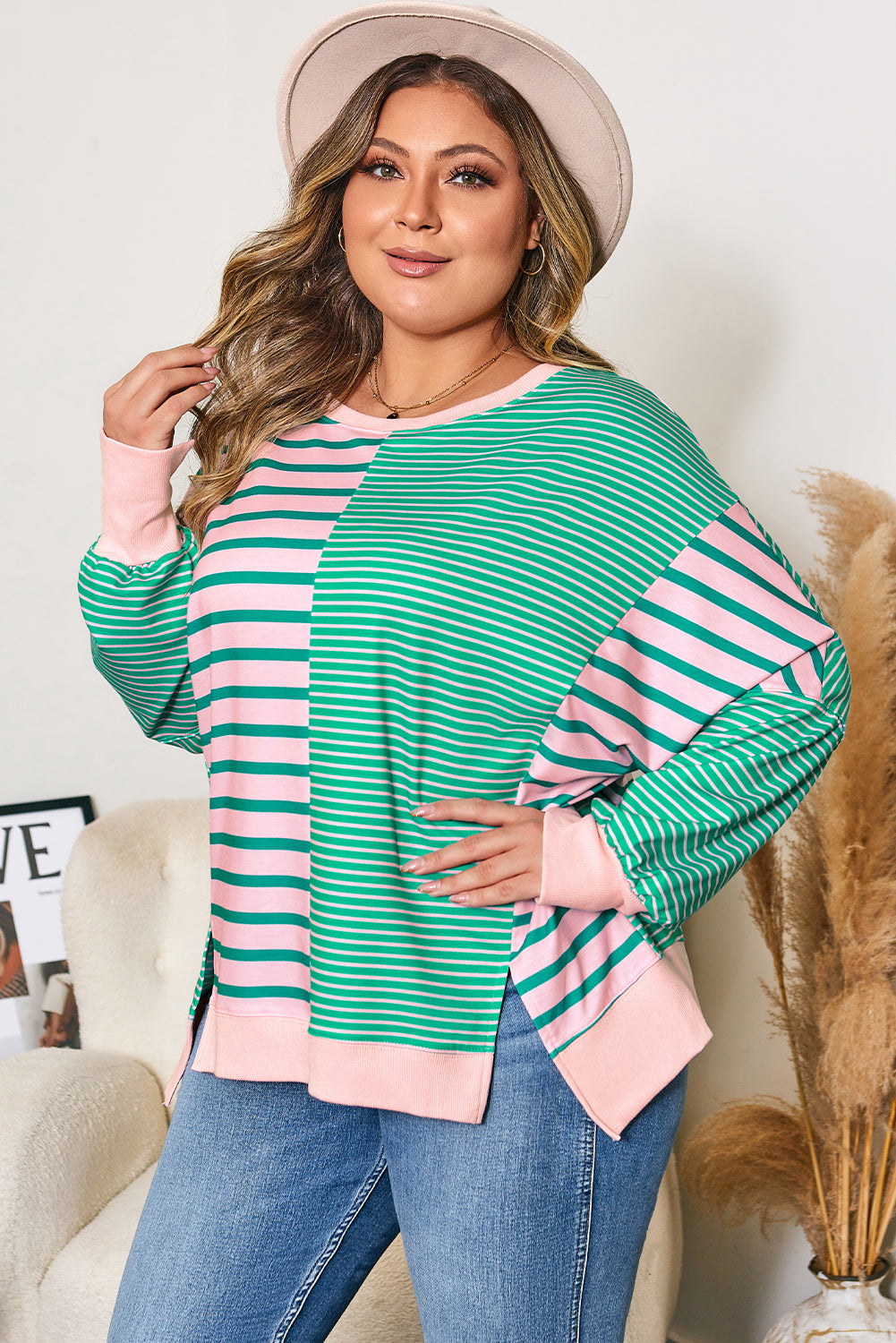 Green Stripe Colorblock Plus Size Sweatshirt