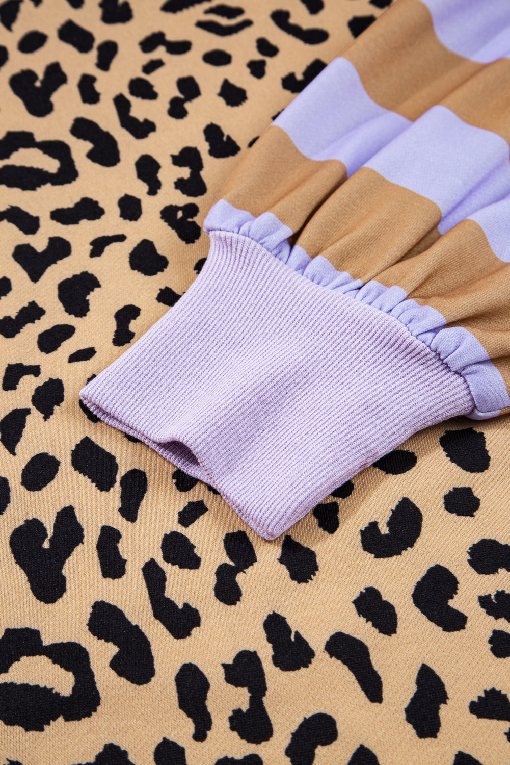 Purple Stripe Color Block Patchwork Leopard Casual Sweatshirt with Slits