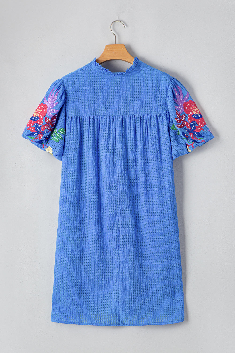 Sky Blue Plus Size Floral Embroidered Puff Sleeve Gingham Mini Dress