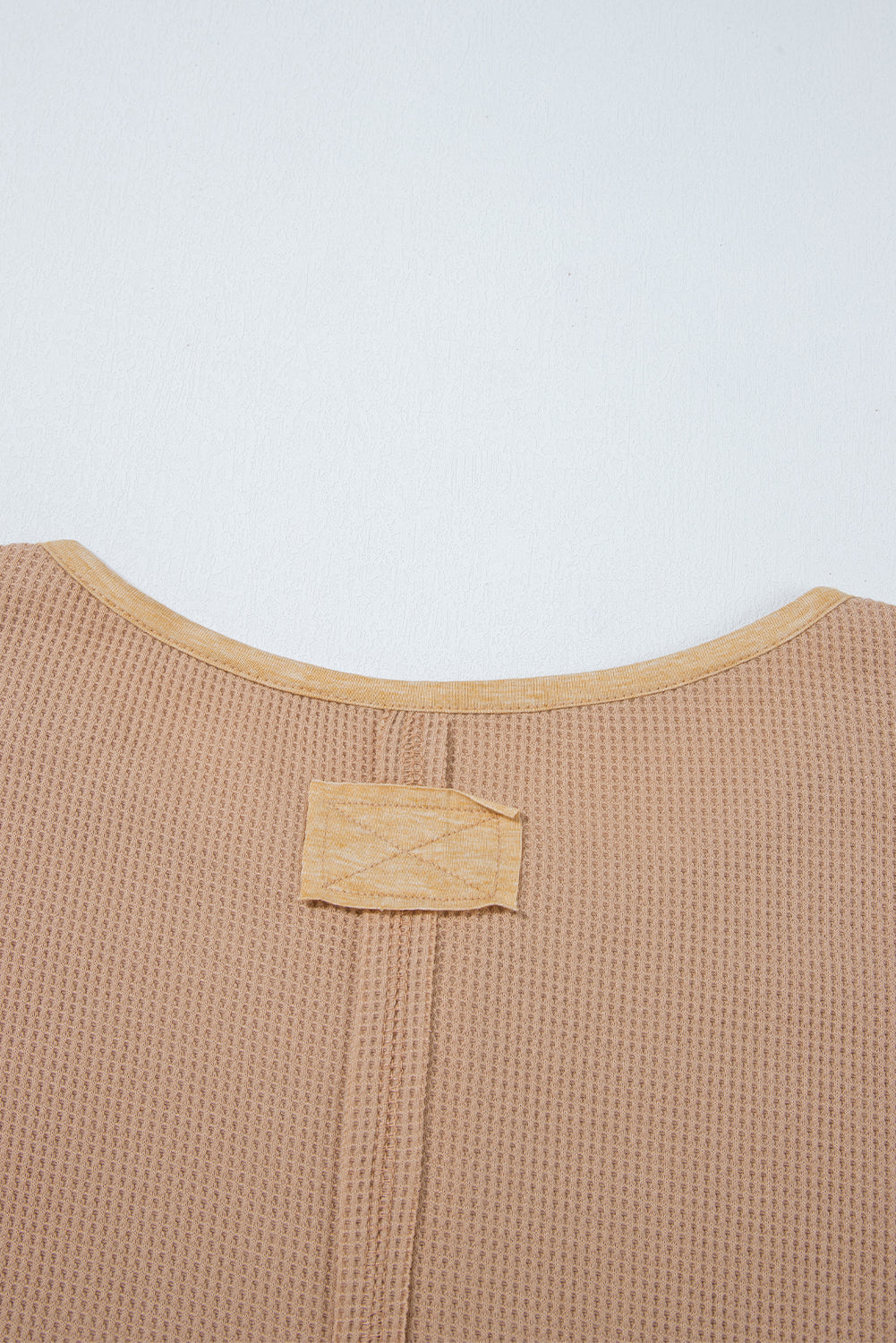 Dark Khaki Color Block Waffle Textured Tunic Henley Top with Slits