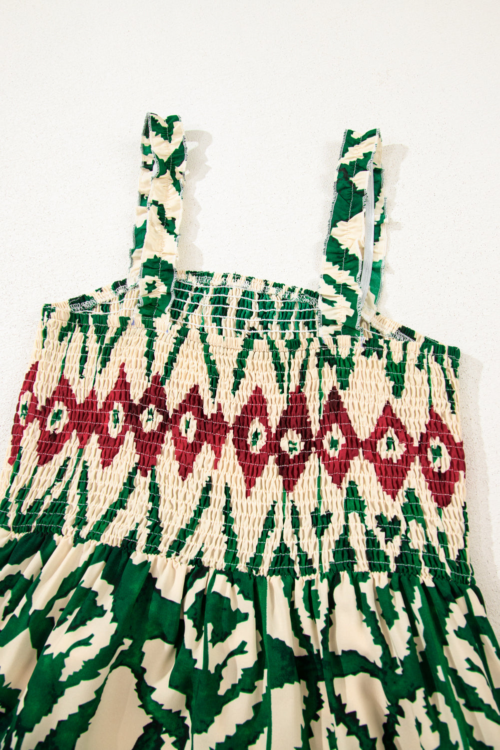 Green Western Aztec Shirred A-line Sleeveless Maxi Dress