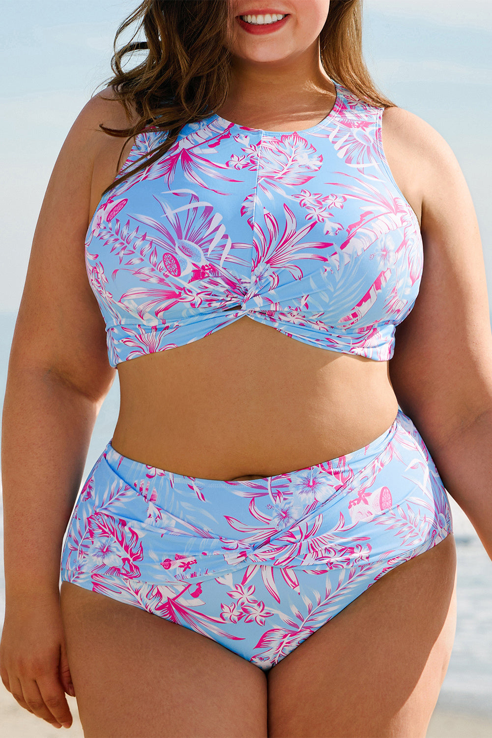 Sky Blue Plus Size Floral Print Twisted High Waist Bikini Set