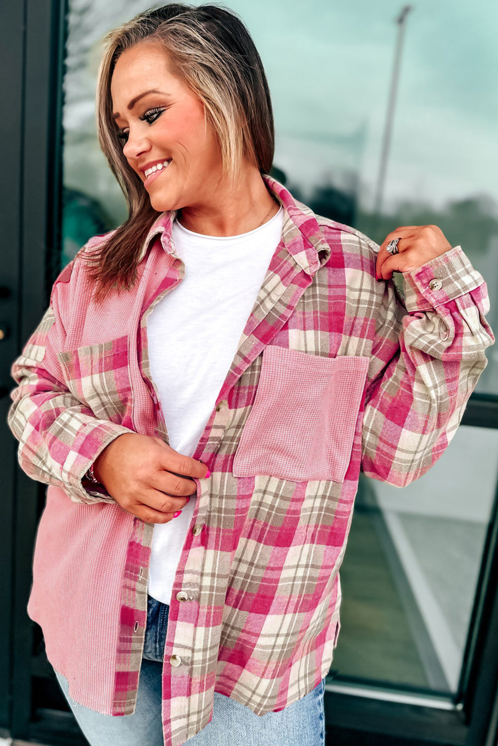Pink Waffle Patch Pocket Plaid Patchwork Plus Size Shirt