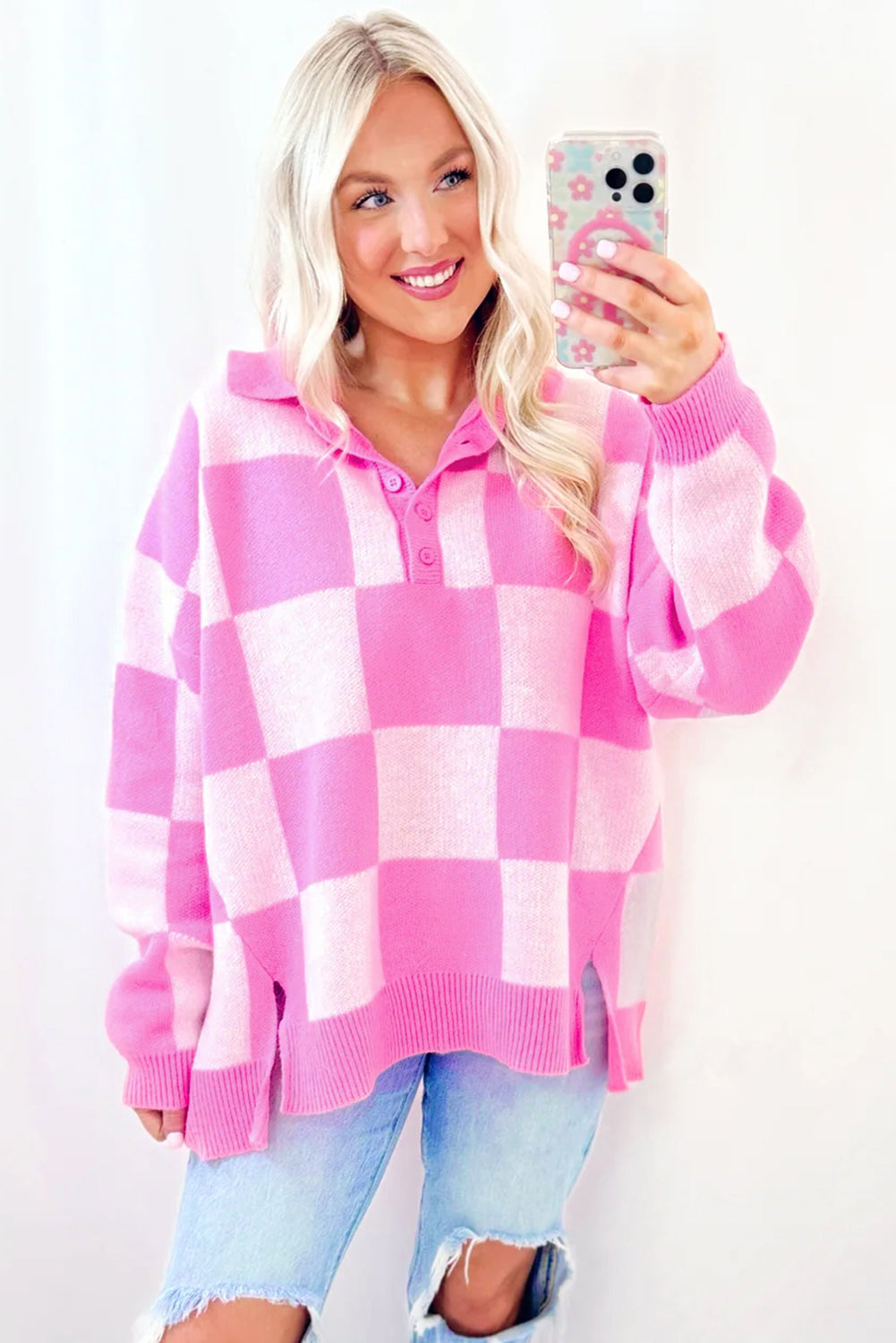 Pink Checkered Half Button Sweater