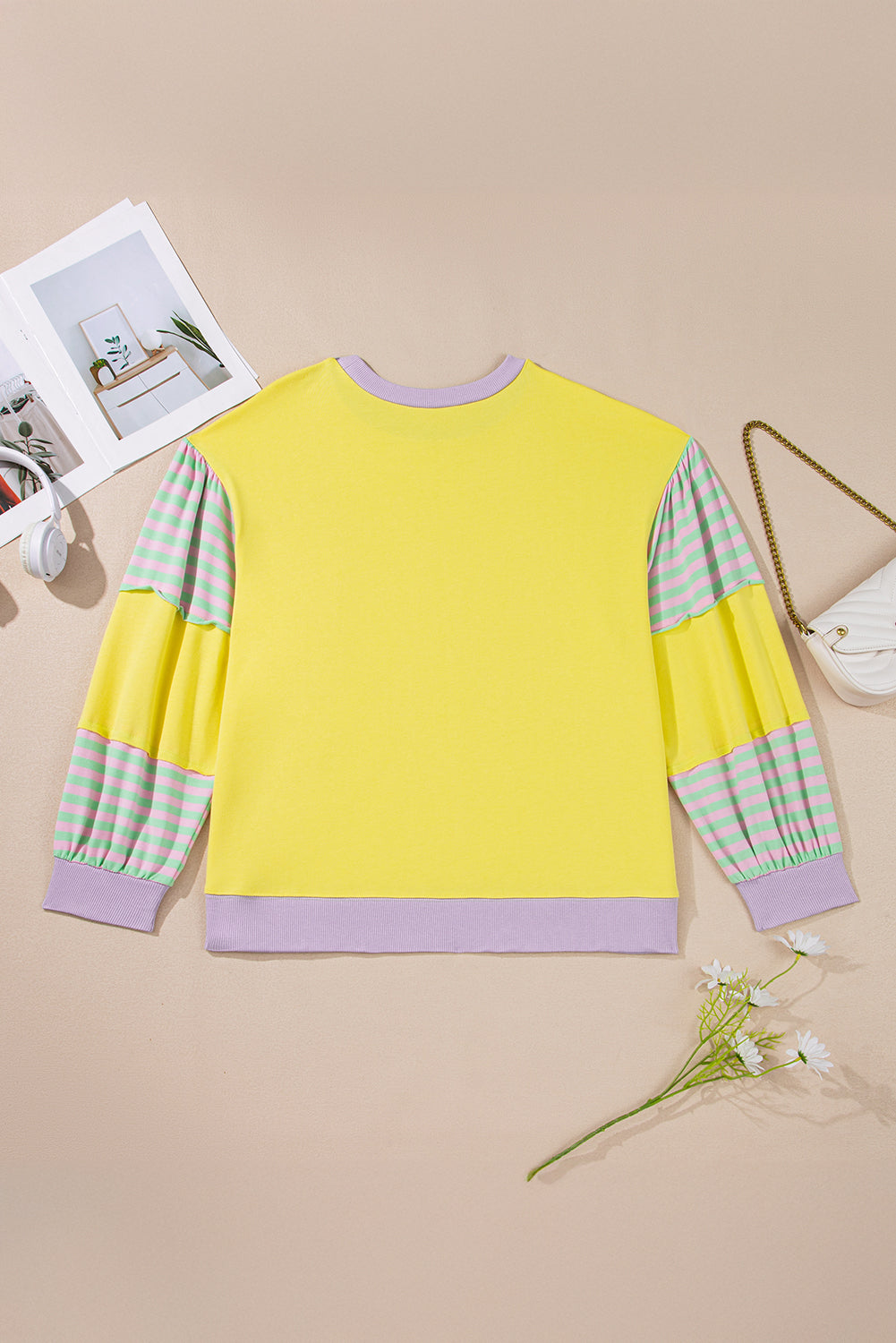Yellow Striped Colorblock Plus Size Pullover Sweatshirt
