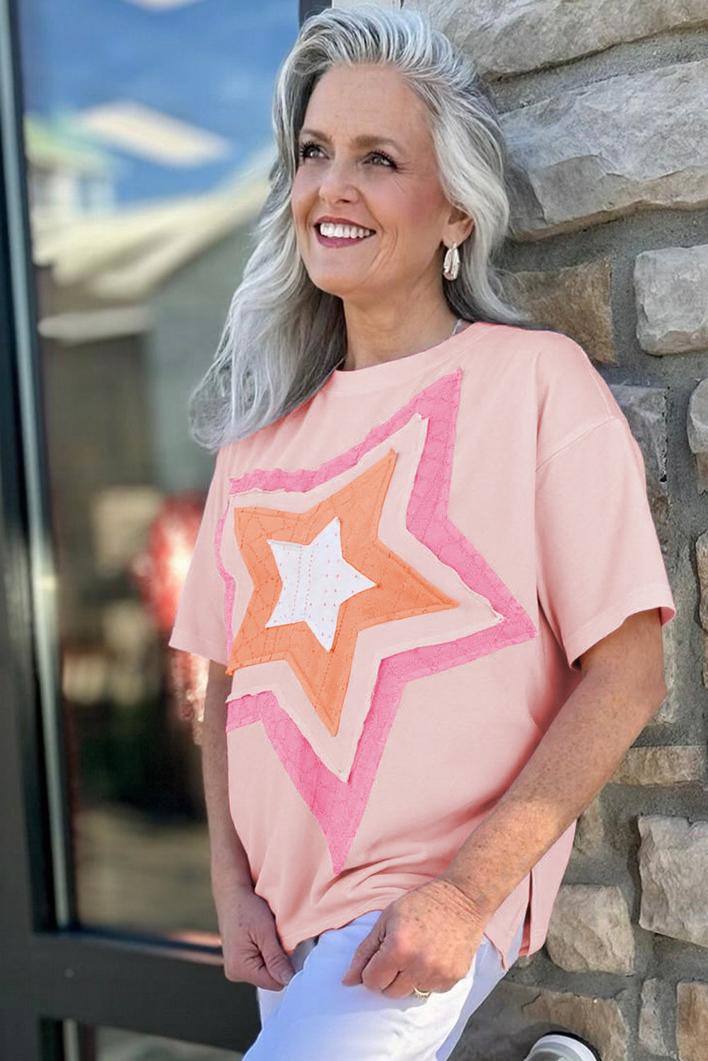 Light Pink Eyelet Lace Star Applique Plus Size T Shirt