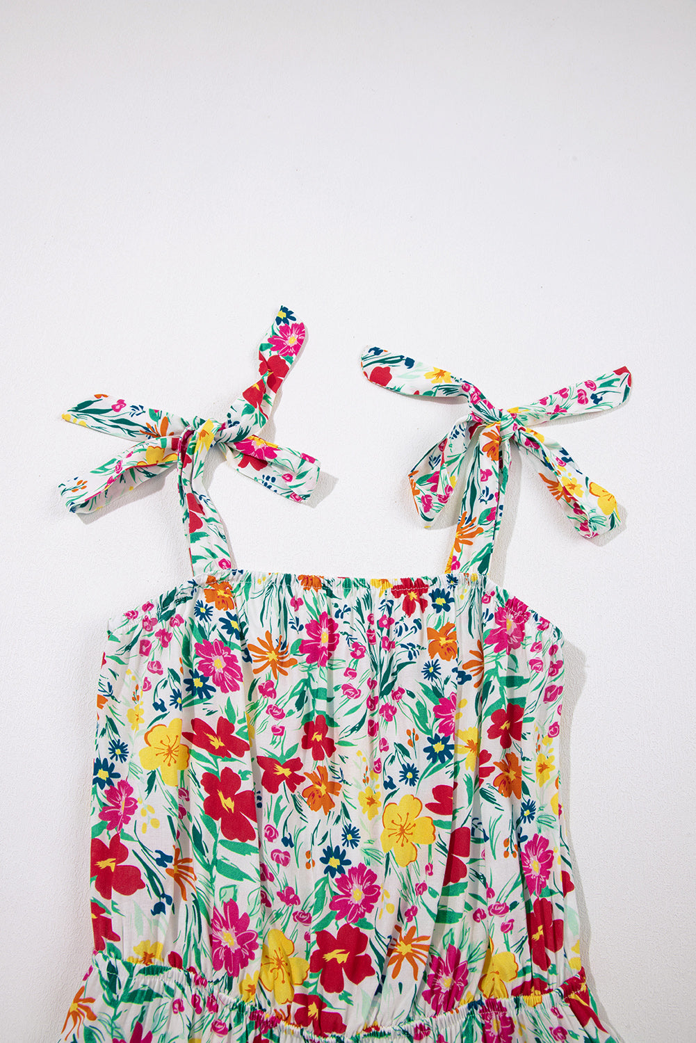 Red Floral Knotted Straps Cinched Waist Ruffle Hem Mini Dress