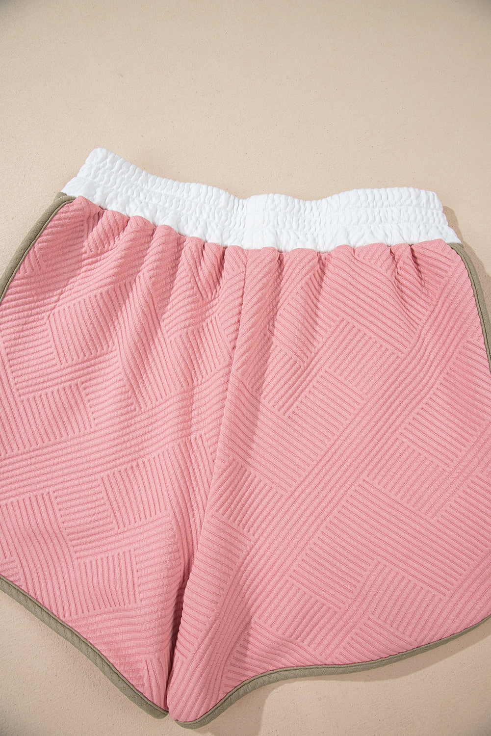Pink Textured Colorblock Patchwork Tee Two Piece Shorts Set