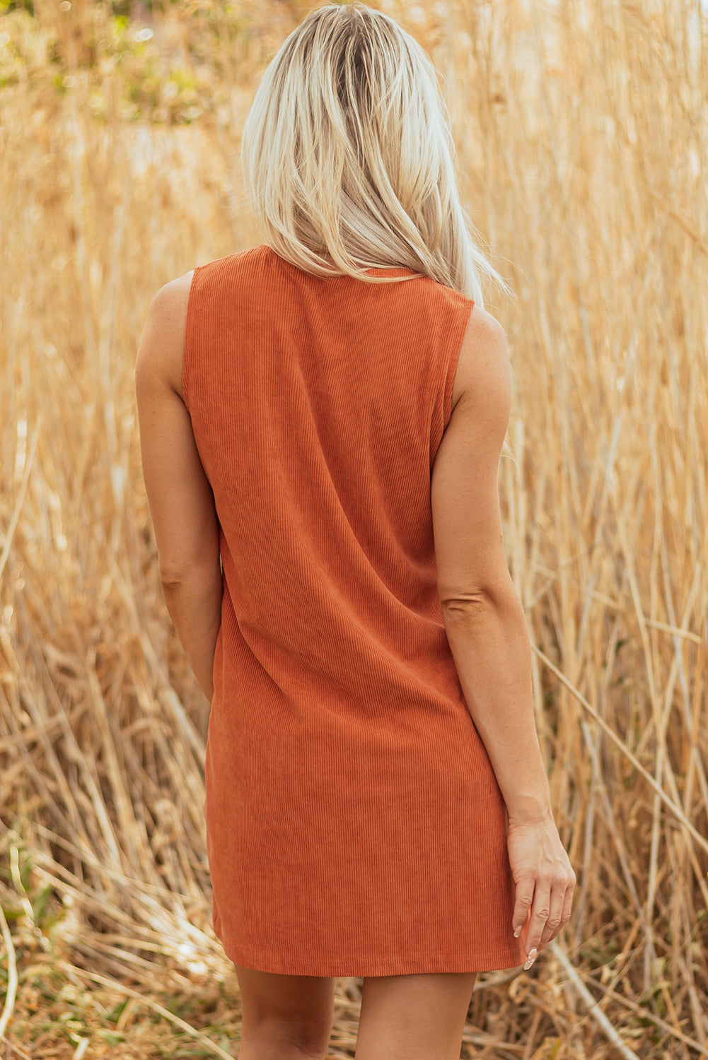 Corduroy Embroidered Pocket Shift Mini Dress