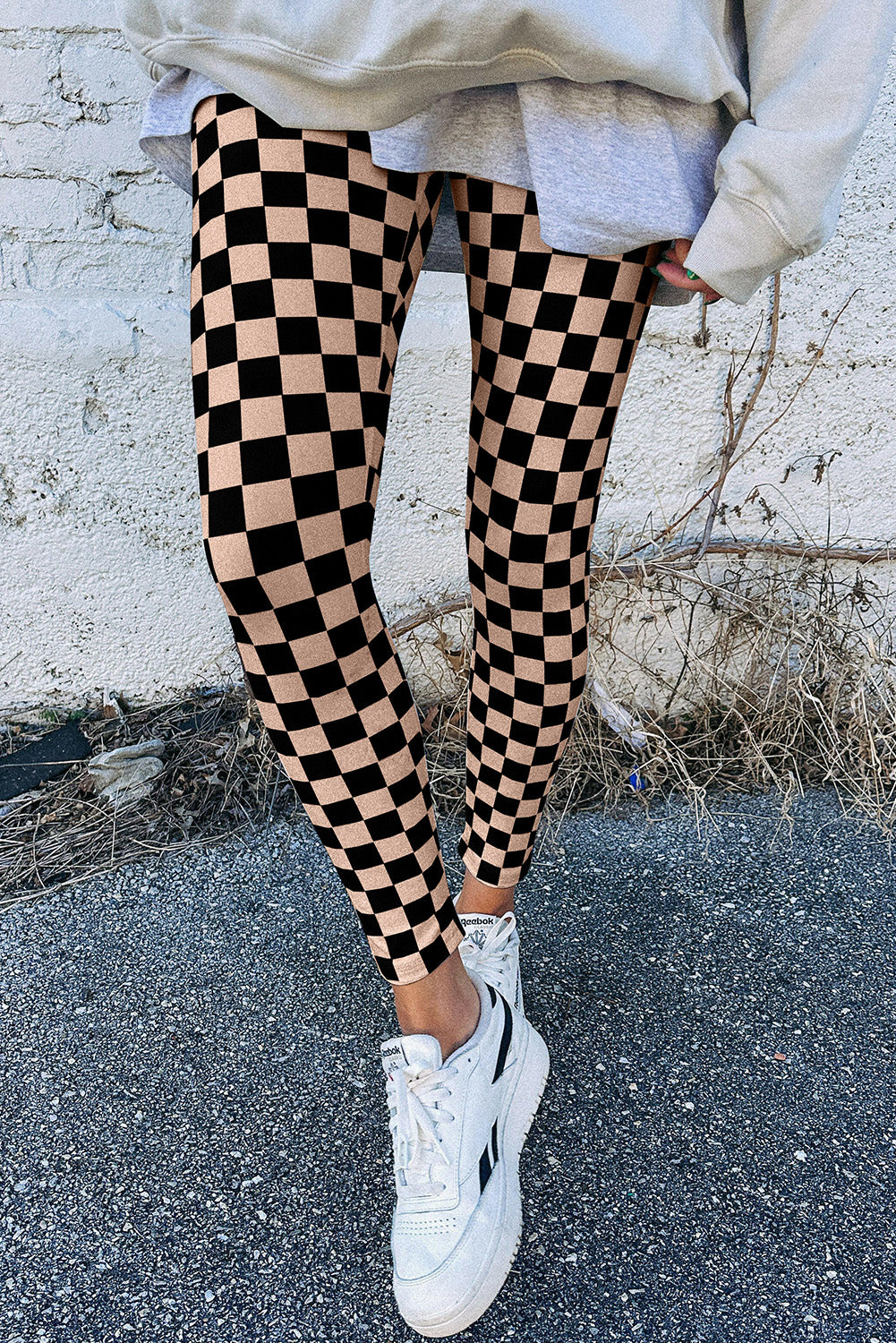 Khaki Checkered Pattern High Waist Leggings
