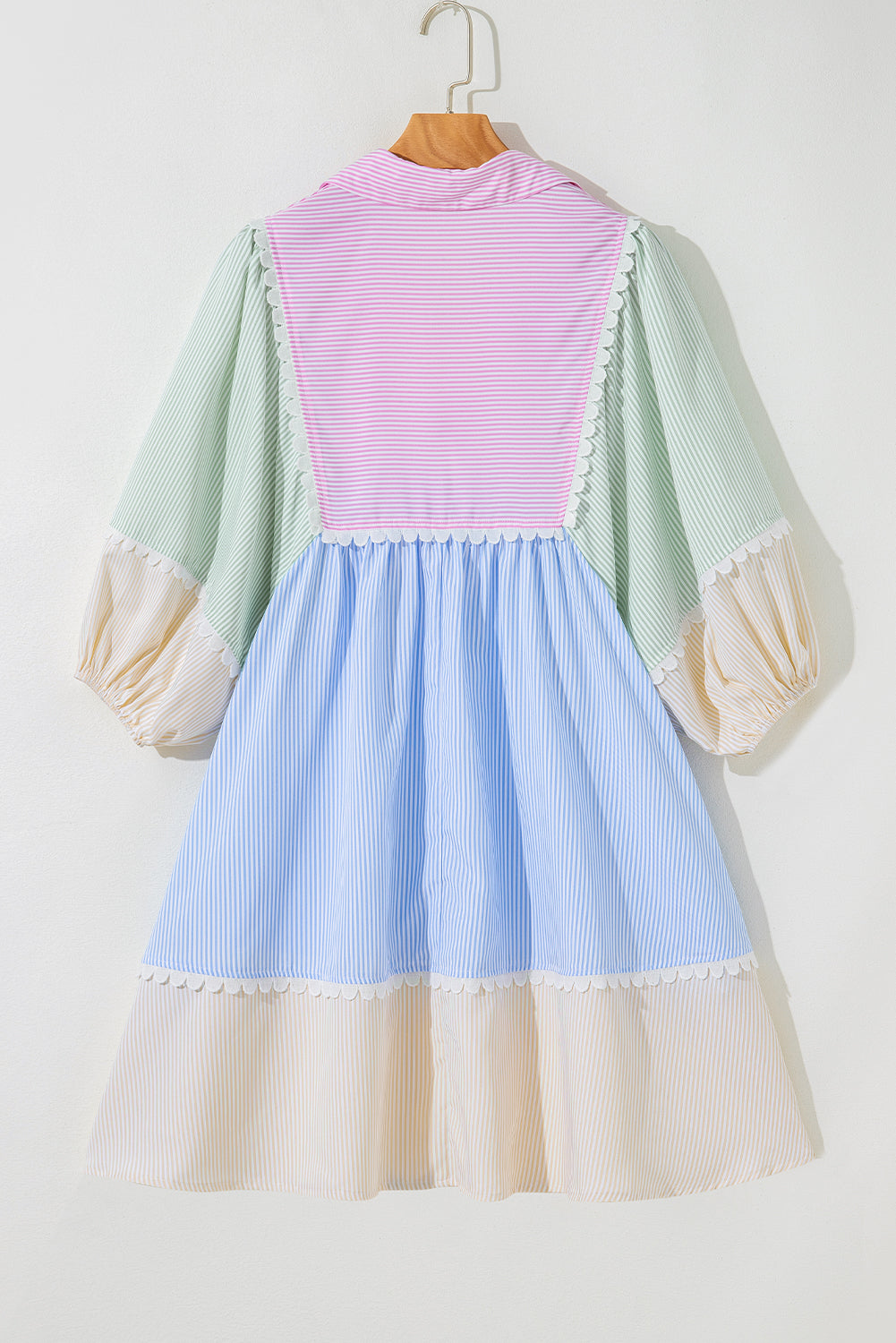 Multicolour Striped Patchwork Ric Rac Puff Sleeve Collared Mini Dress