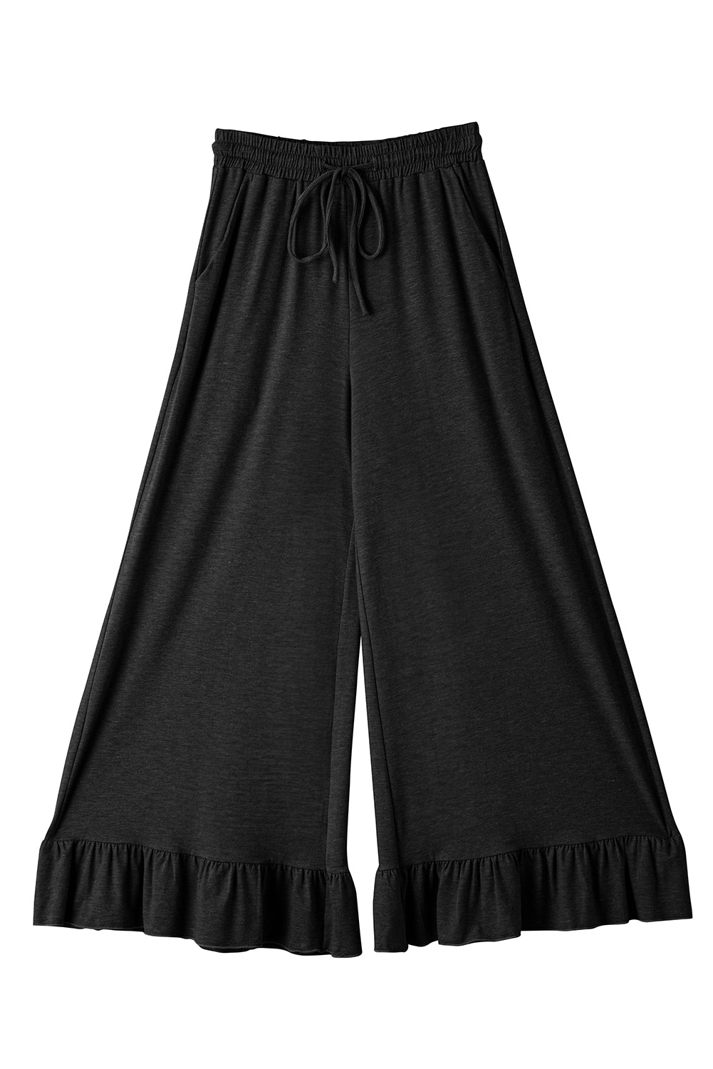 Black Ruffled Wide Leg Pull On High Waist Pants with Pockets