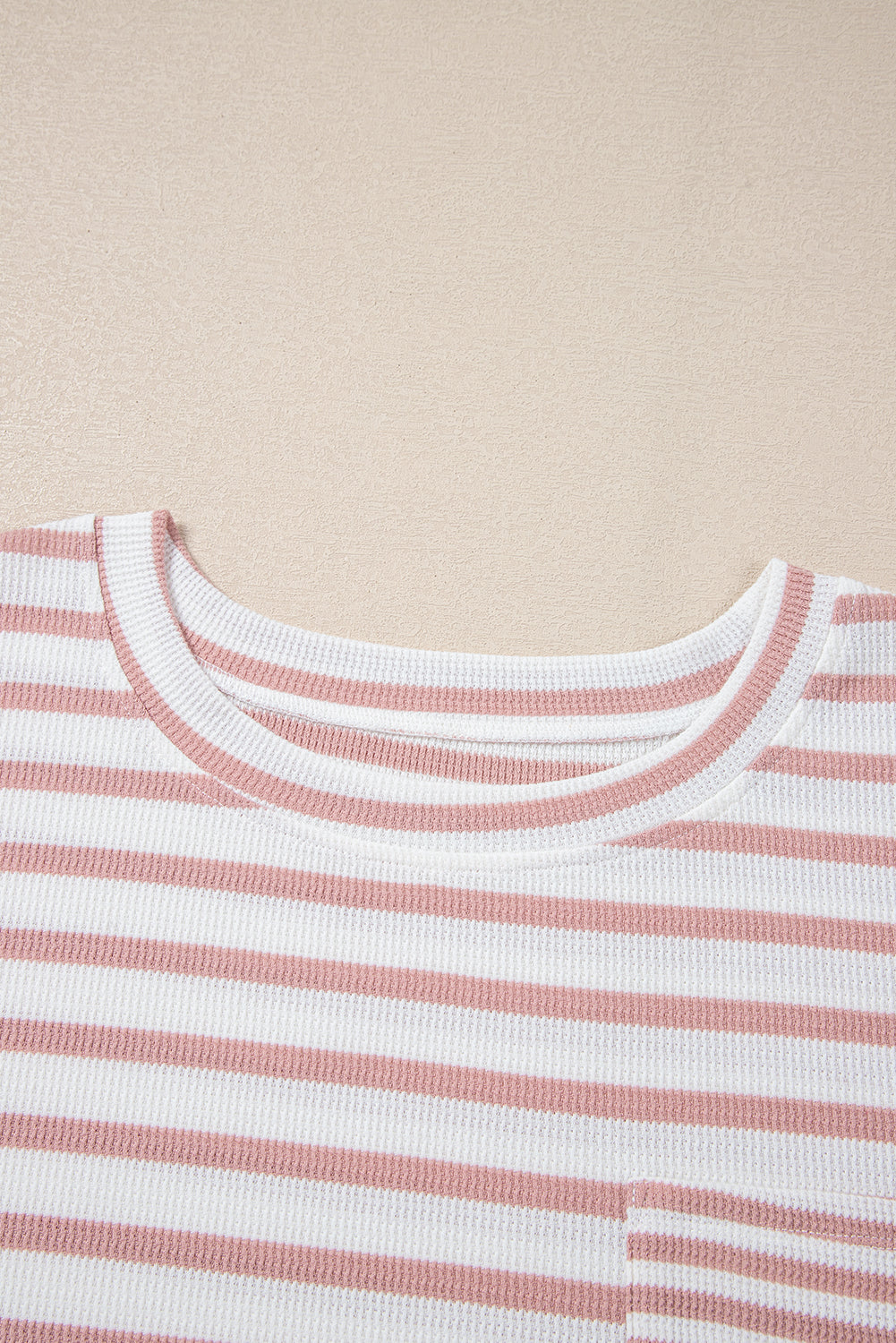 Pink Stripe Waffle Knit Pocketed Half Sleeve Plus Size T Shirt