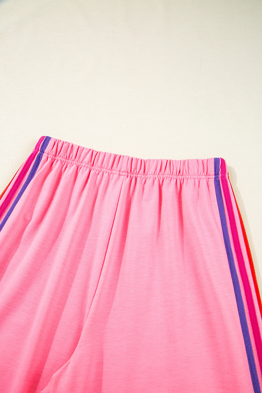 Bonbon Color Contrast Crewneck T Shirt and Wide Leg High Waist Pants Set