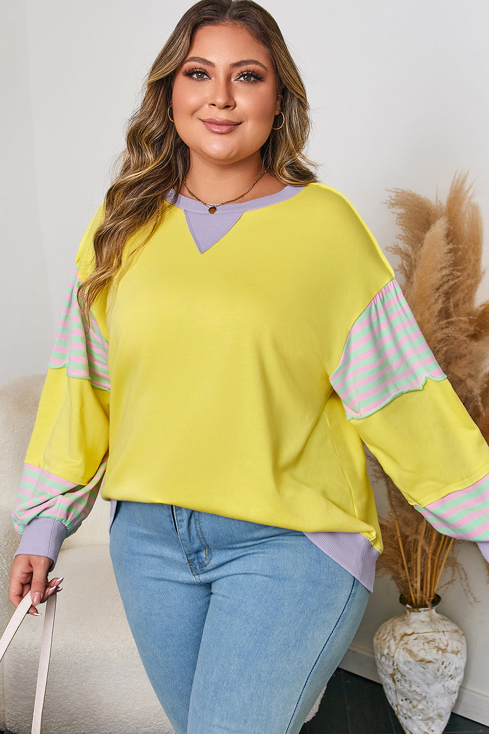 Yellow Striped Colorblock Plus Size Pullover Sweatshirt