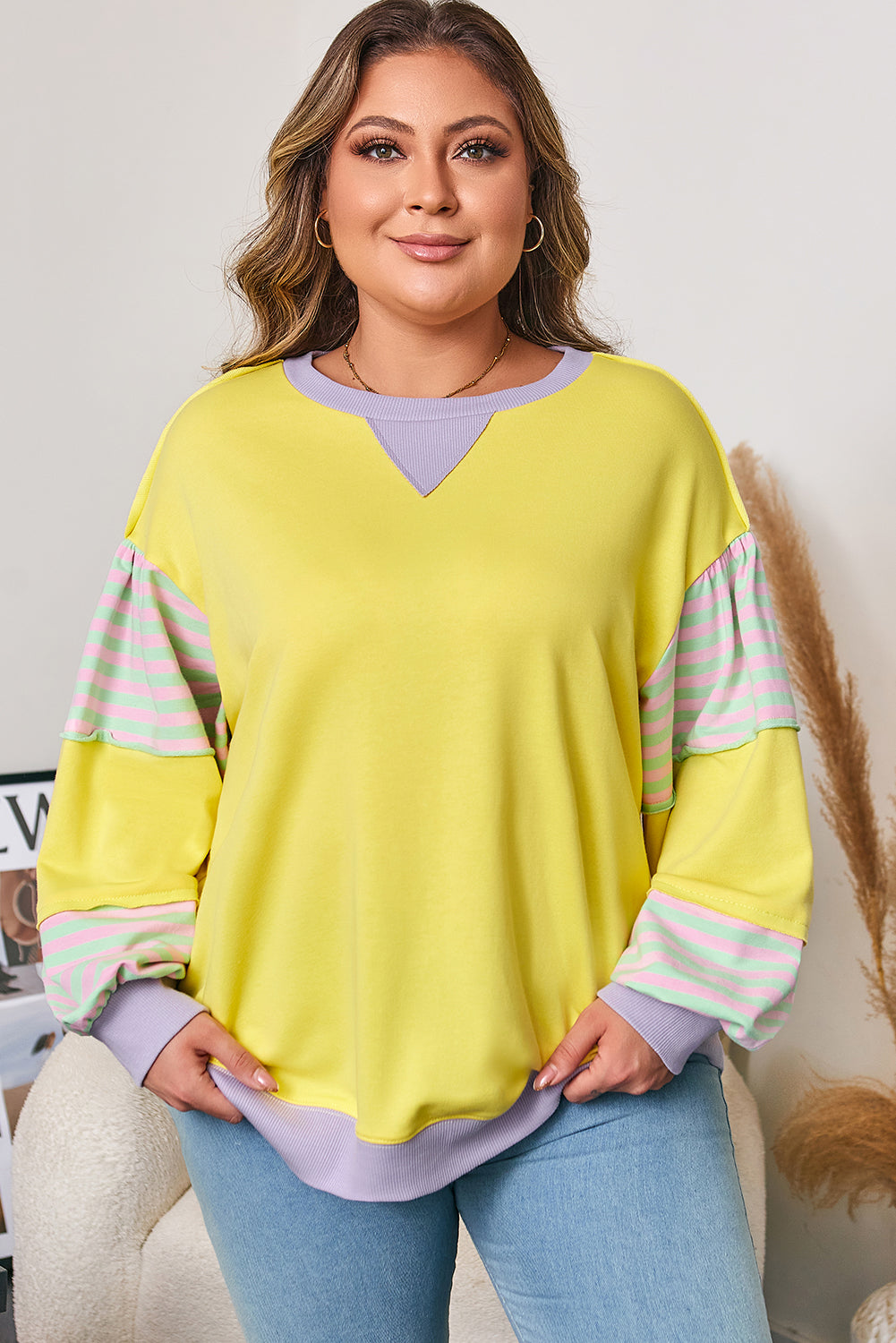 Yellow Striped Colorblock Plus Size Pullover Sweatshirt