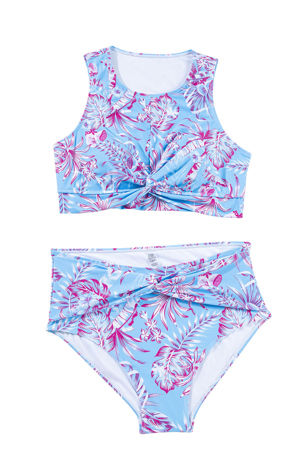 Sky Blue Plus Size Floral Print Twisted High Waist Bikini Set