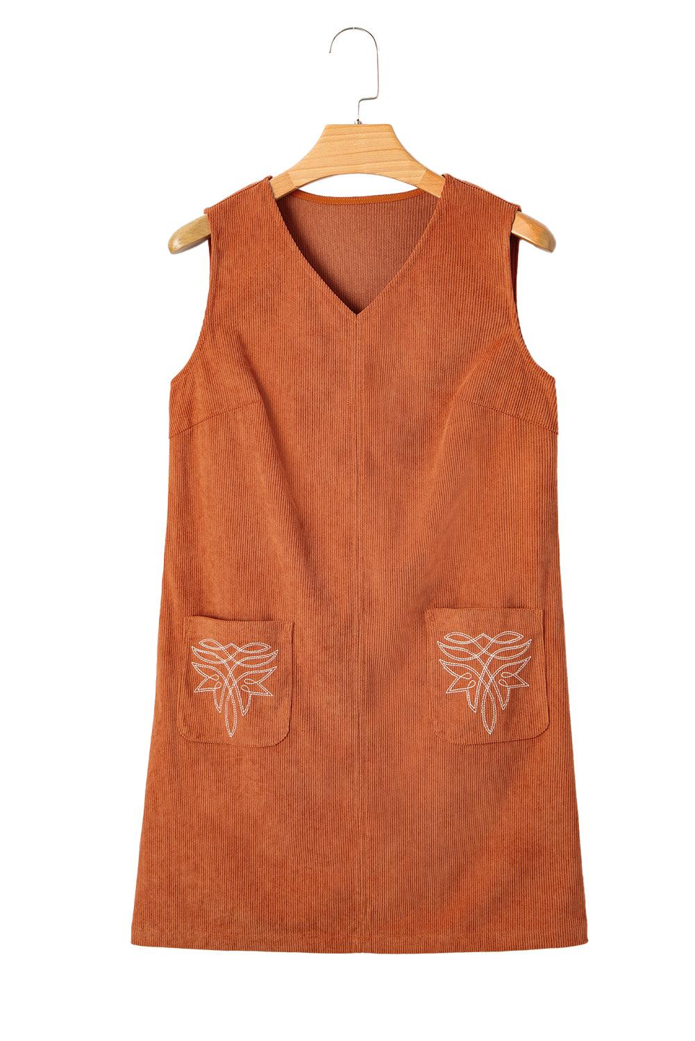 Corduroy Embroidered Pocket Shift Mini Dress