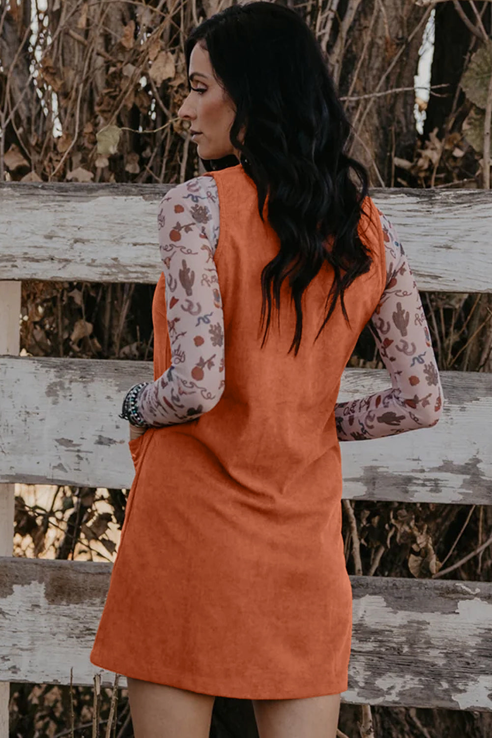 Corduroy Embroidered Pocket Shift Mini Dress