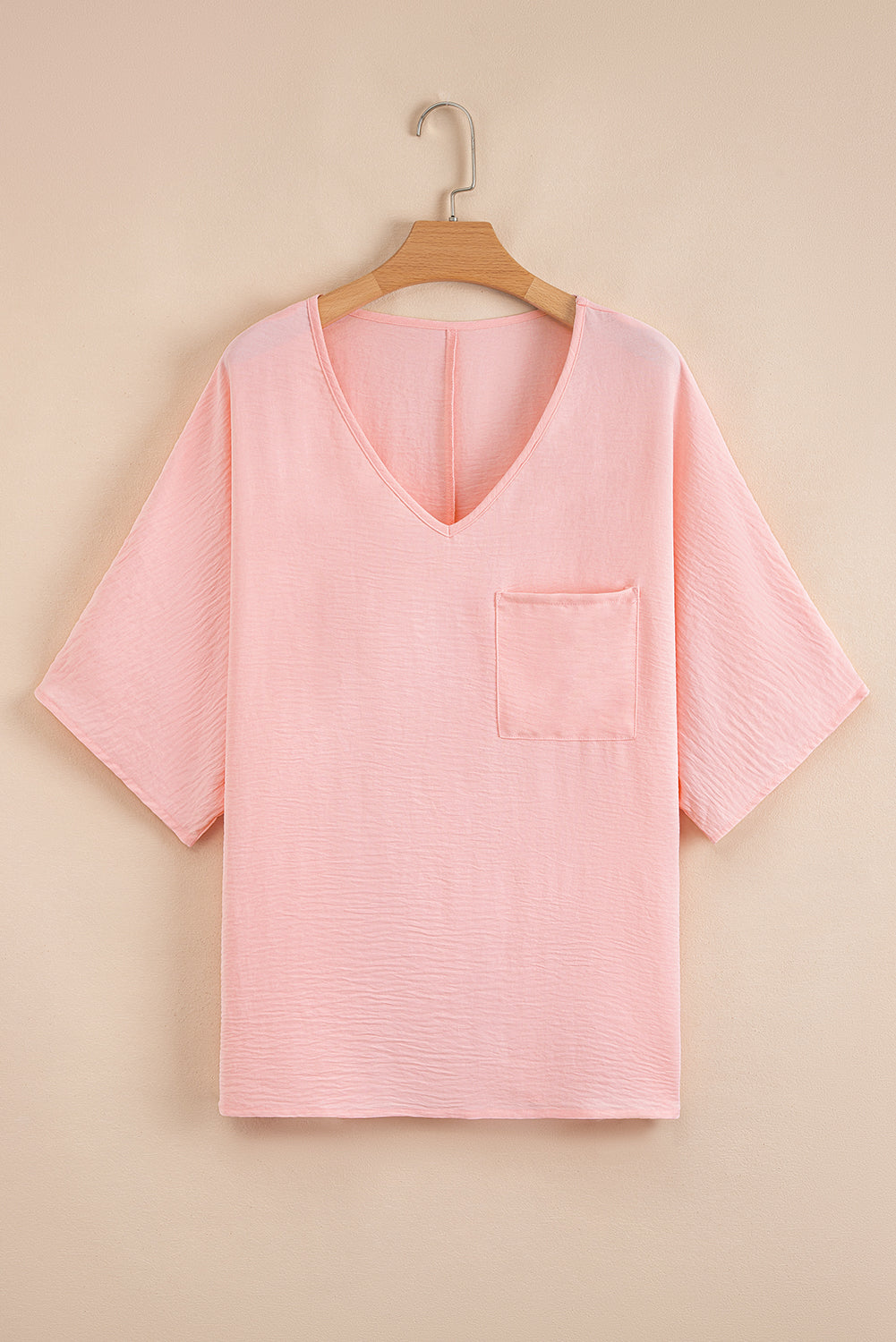 Pink Textured Half Sleeve V Neck Plus Size T Shirt with Chest Pocket