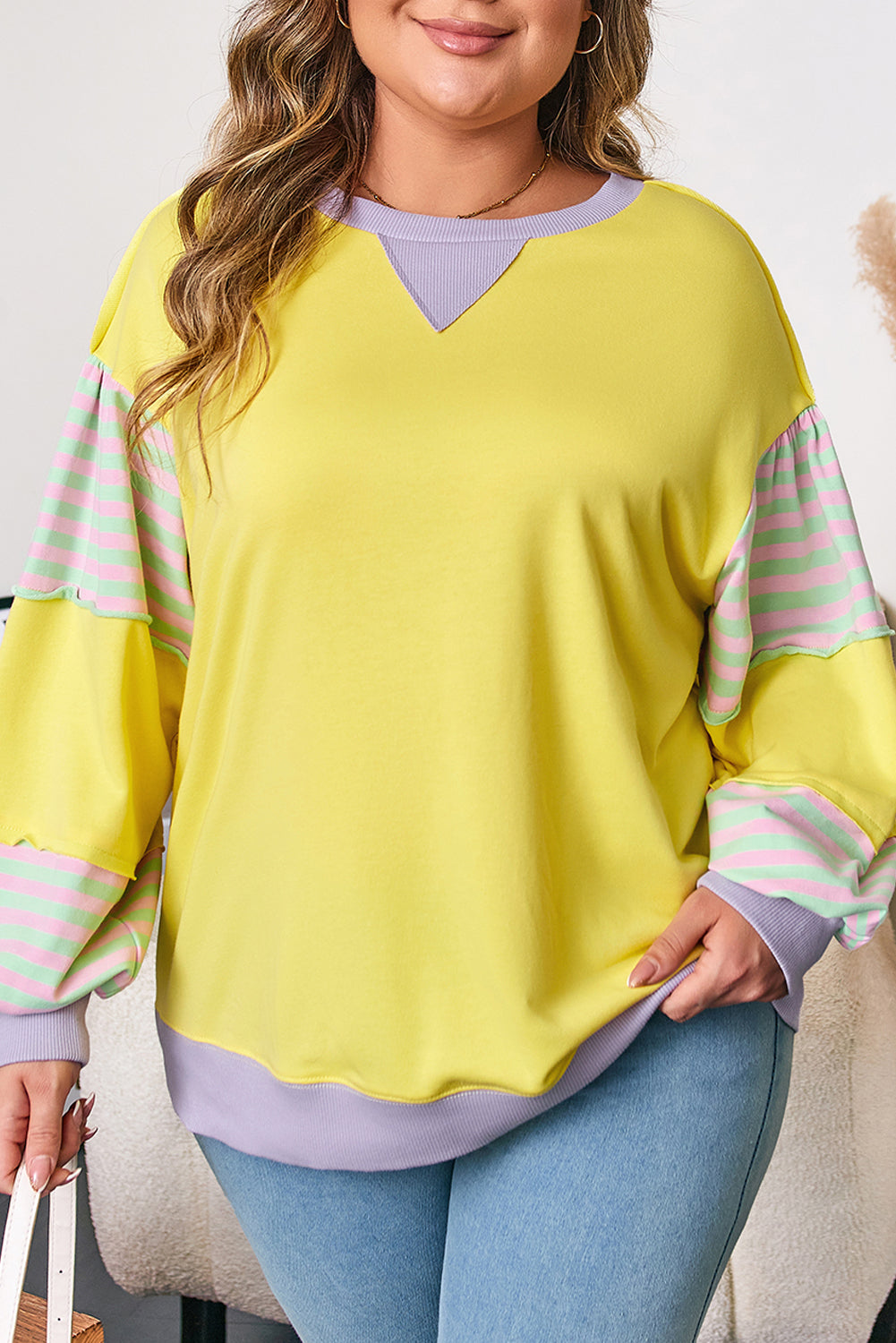 Yellow Striped Colorblock Plus Size Pullover Sweatshirt