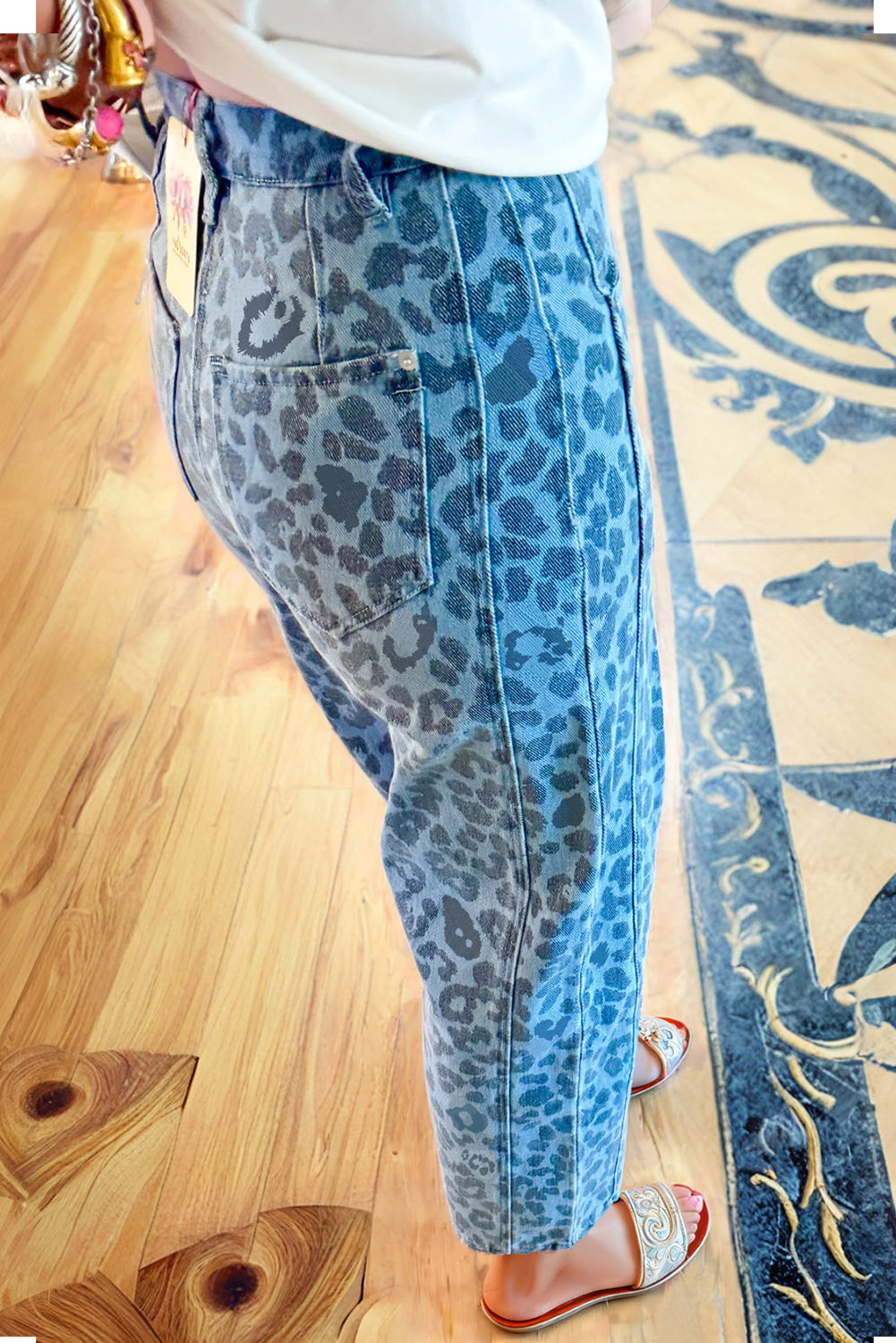 Sky Blue Leopard Print Straight Loose Jeans