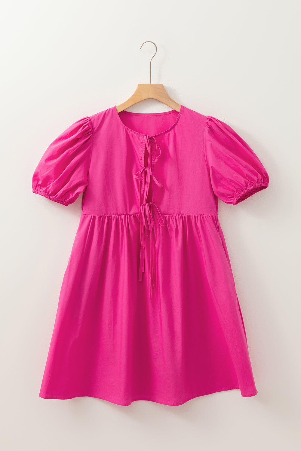 Bright Pink Solid Color Puff Sleeve Tie Front High Waist Mini Dress