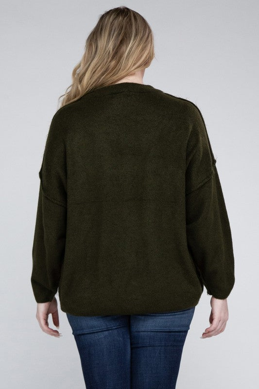 Oversized Round Neck Raw Seam Melange Sweater PLUS