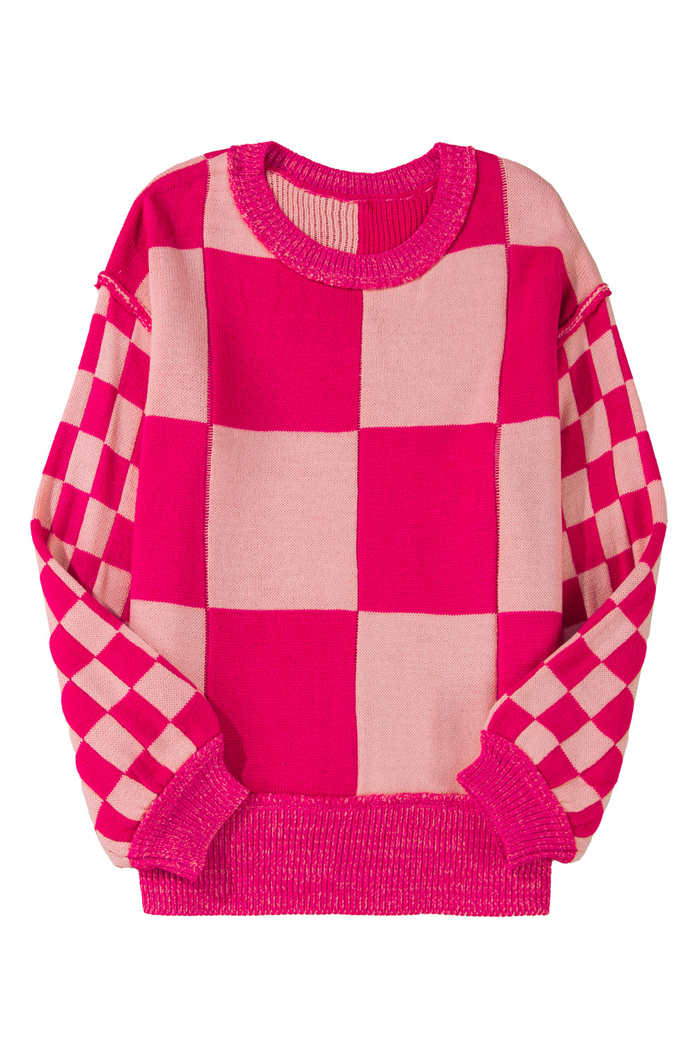 Rose Red Checkered Drop Shoulder Sweater
