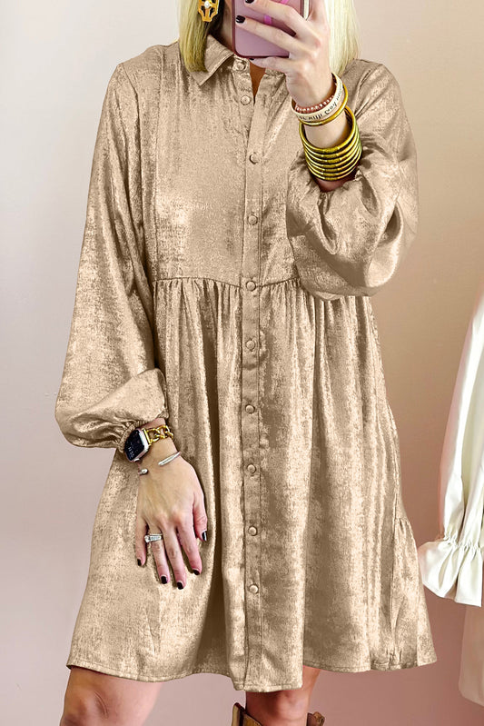 Metallic Sheen Puff Sleeve Mini Shirt Dress Gold