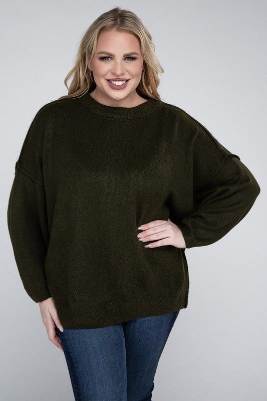 Oversized Round Neck Raw Seam Melange Sweater PLUS