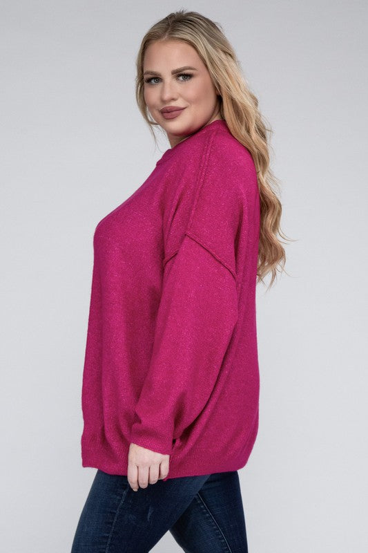 Oversized Round Neck Raw Seam Melange Sweater PLUS