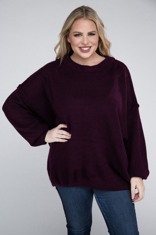 Oversized Round Neck Raw Seam Melange Sweater PLUS