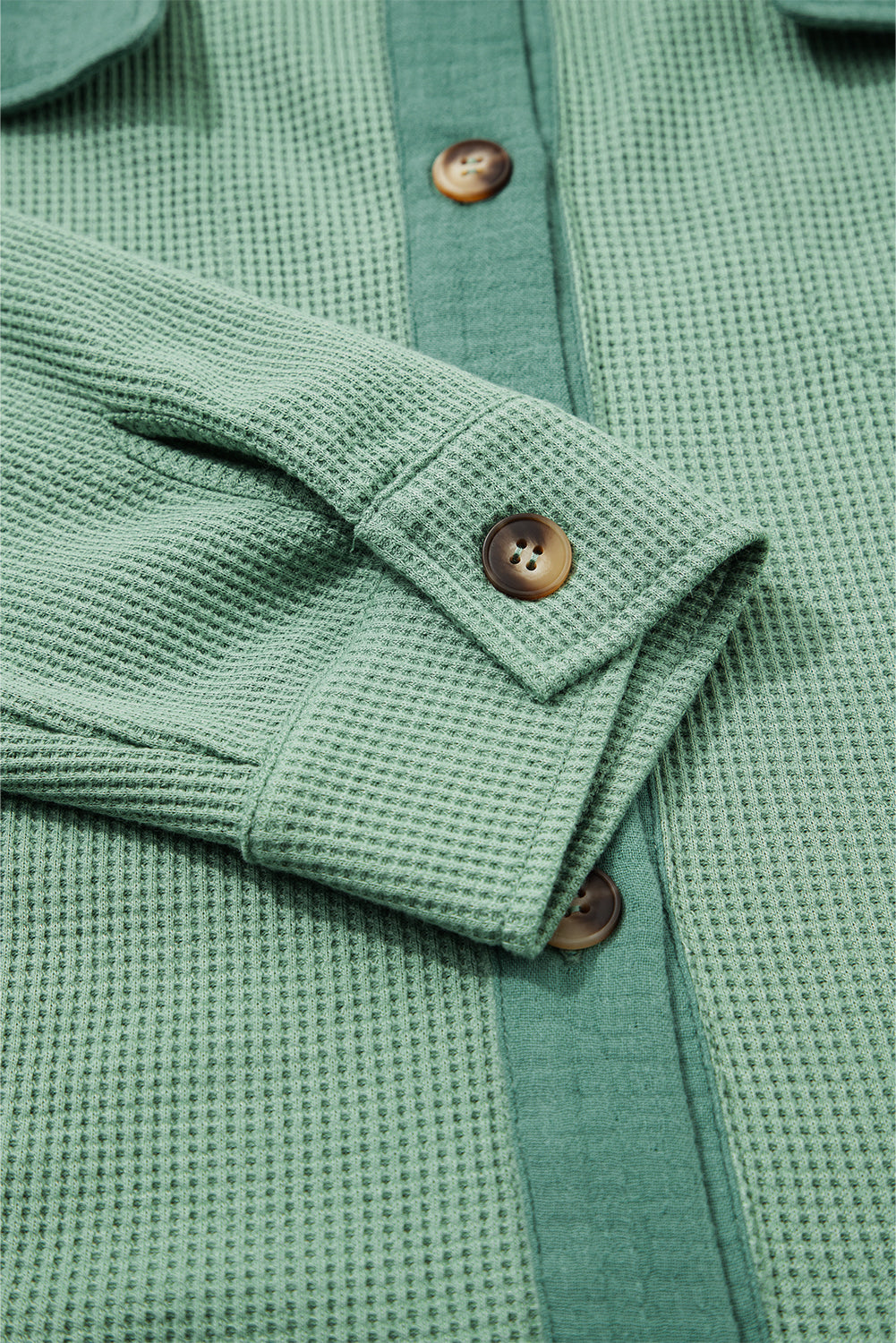 Grass Green Waffle Knit Vintage Patchwork Button Up Loose Shirt