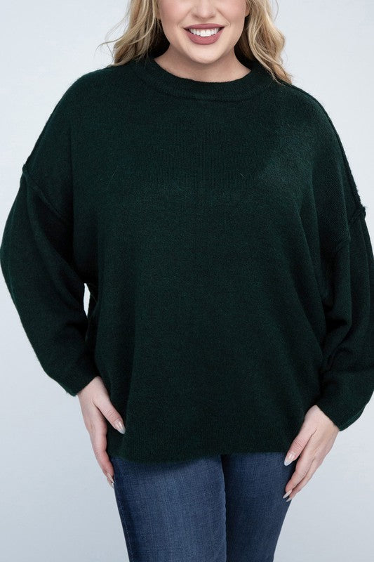 Oversized Round Neck Raw Seam Melange Sweater PLUS